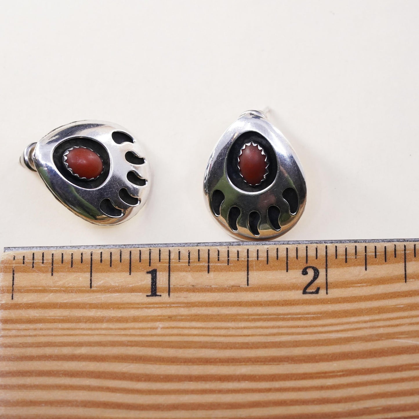 Southwestern sterling silver handmade earrings, bear paw 925 studs with coral