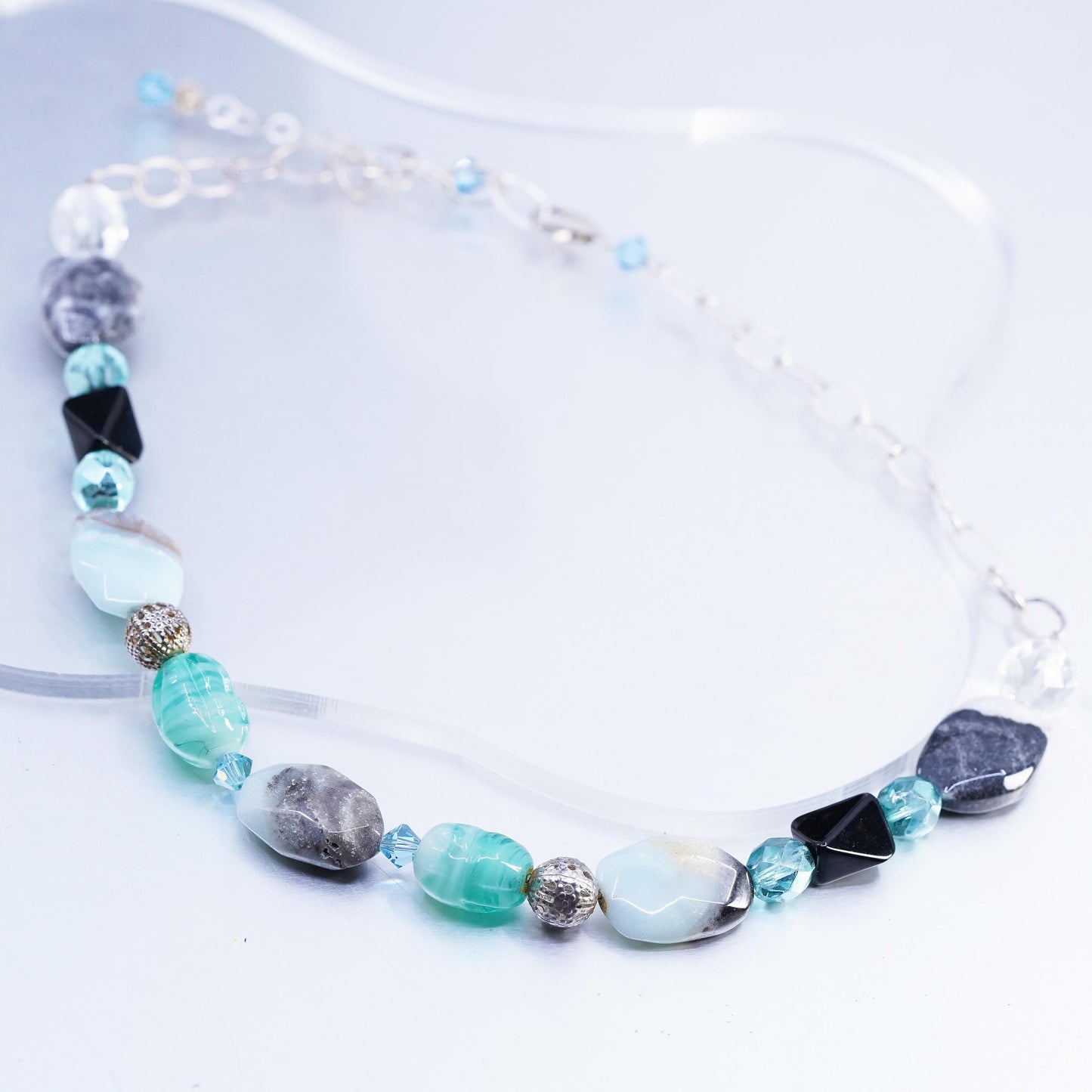 16+2", Sterling 925 silver oval chain necklace with larimar agate bead pendant