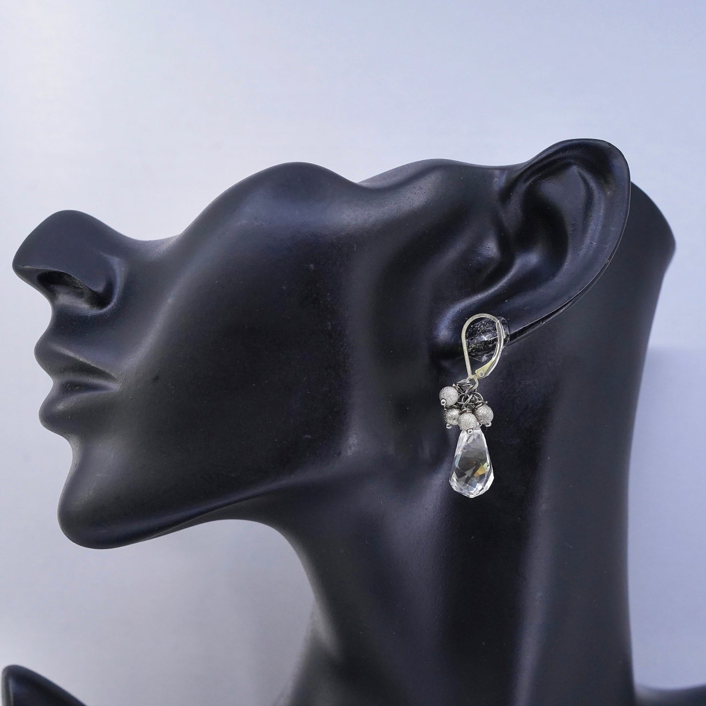 Vintage designer Sterling 925 silver handmade oval earrings w/ teardrop crystal