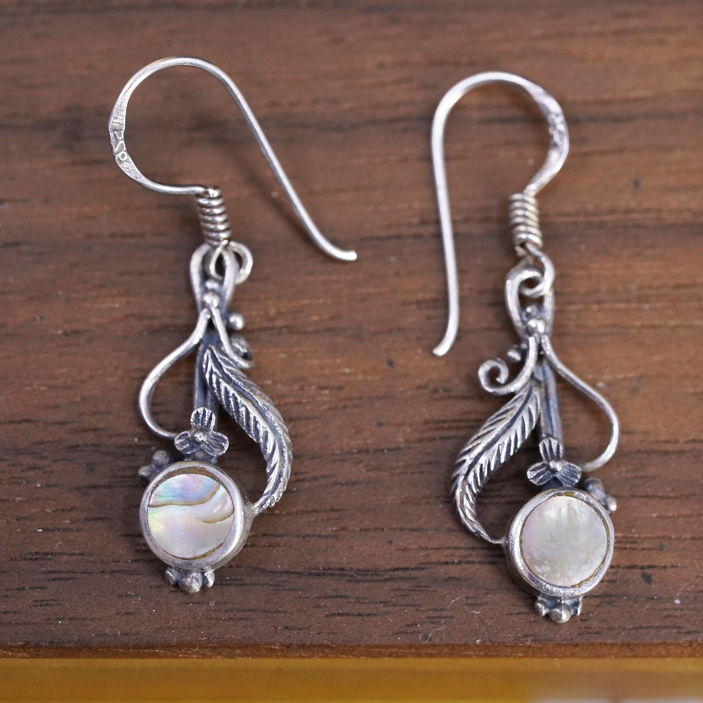 Vintage Sterling 925 silver handmade leaves earrings with abalone inlay