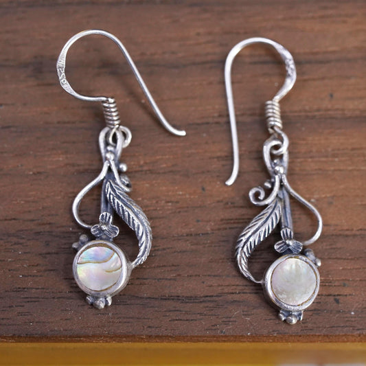 Vintage Sterling 925 silver handmade leaves earrings with abalone inlay