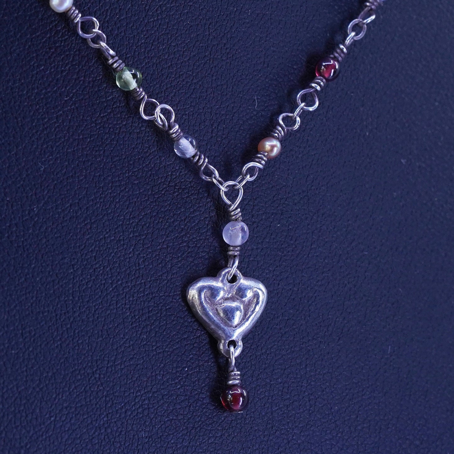 16”, Sterling 925 silver handmade necklace w/ pearl garnet beads heart pendant