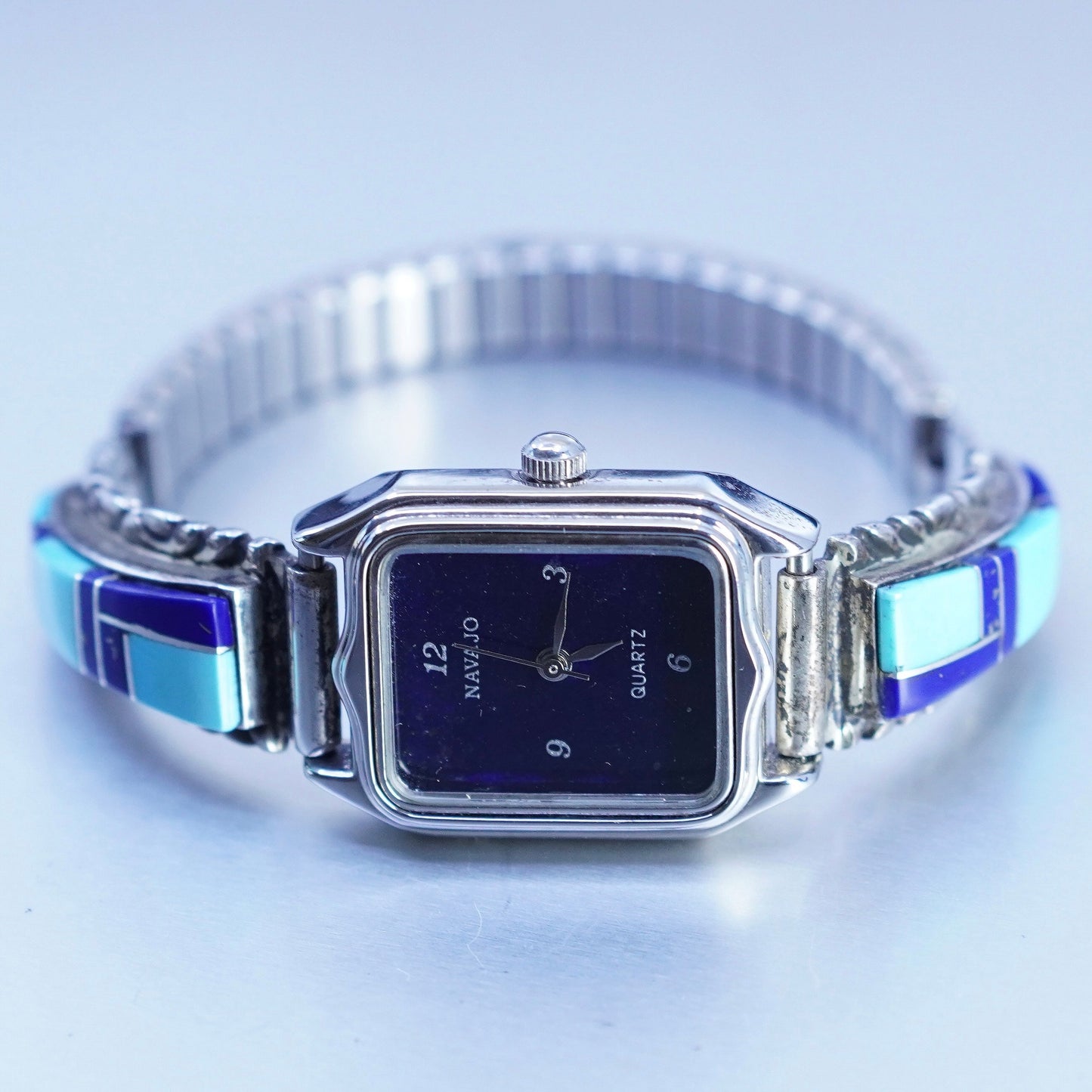 5.75”, Navajo Quartz Watch Sterling 925 silver Lapis Face Silvertone Metal Band