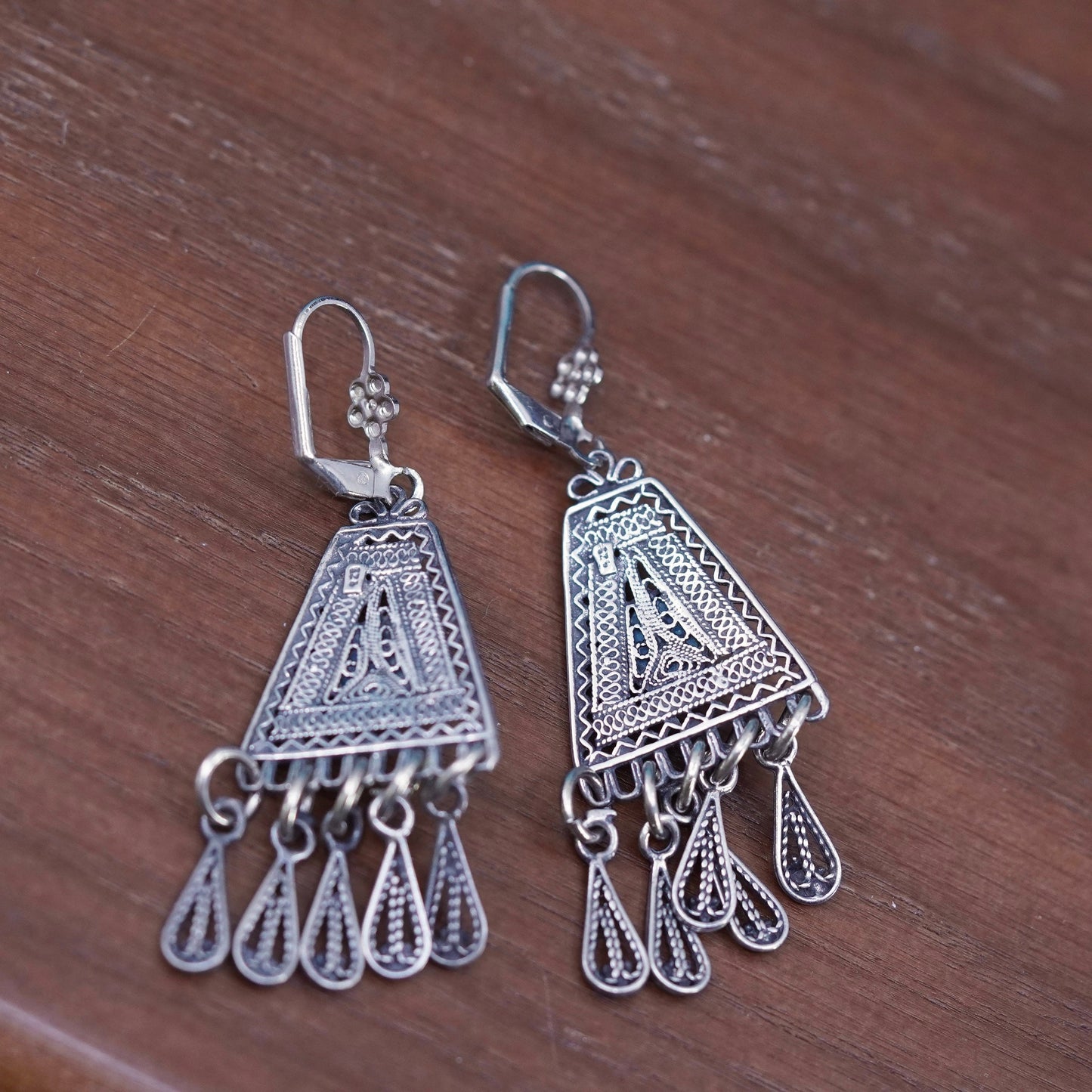 Vintage Sterling silver handmade earrings, 925 Filigree teardrops w/ turquoise