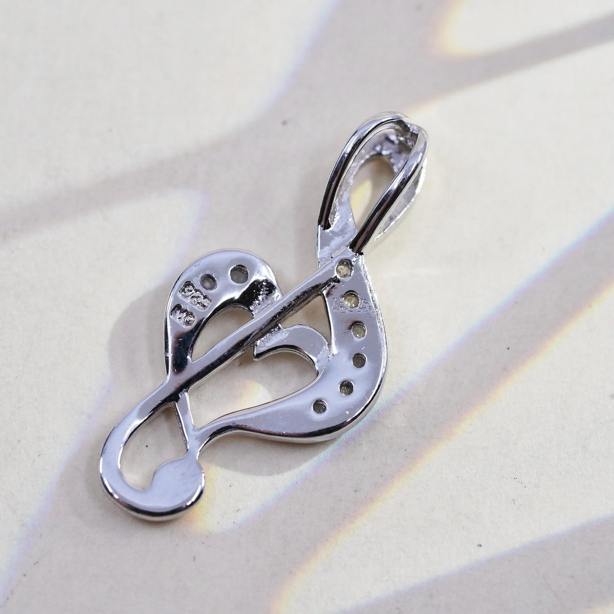 Vintage Sterling silver handmade pendant, 925 Music Note with cluster diamonds