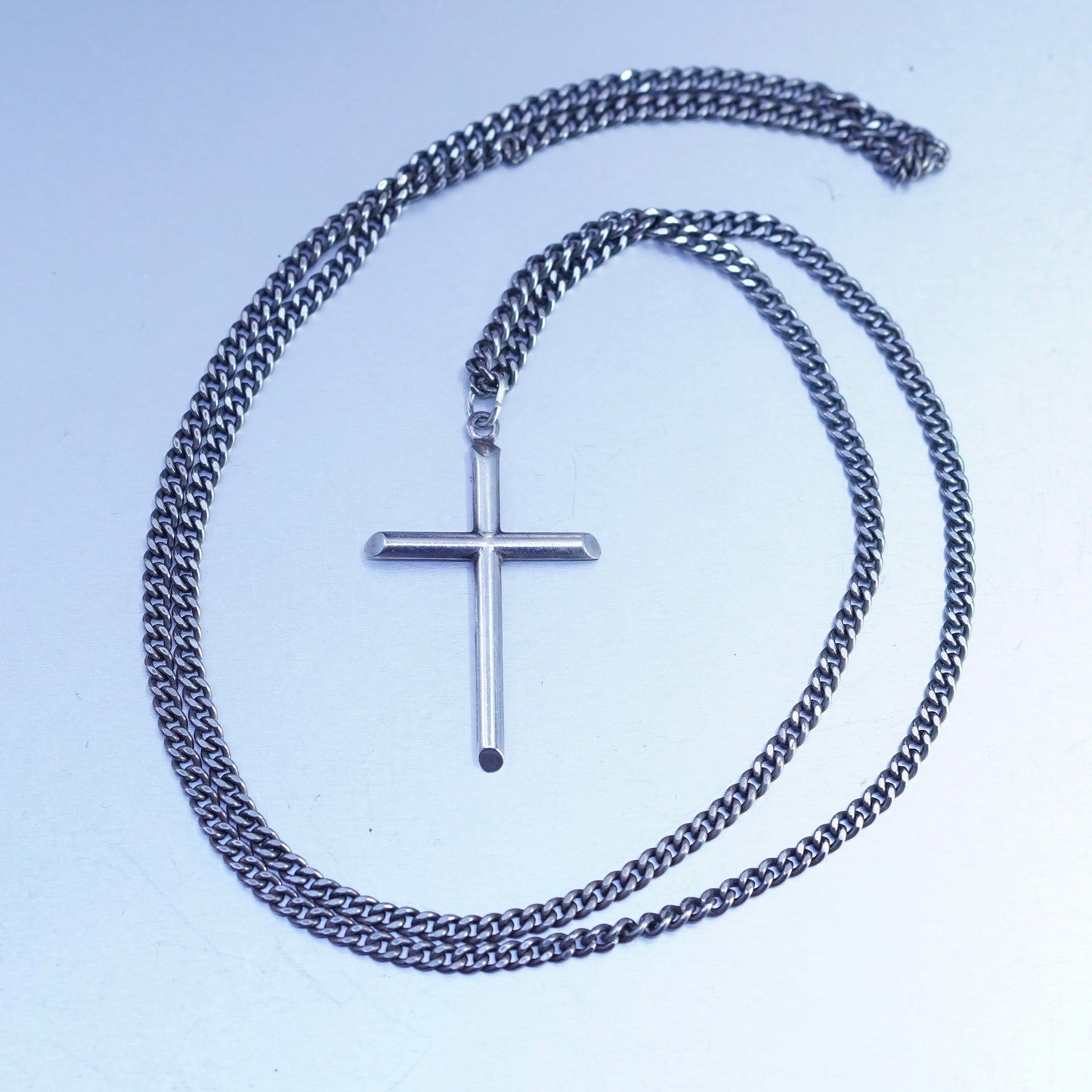 24” 3mm, vintage Sterling 925 silver handmade curb necklace with cross pendant