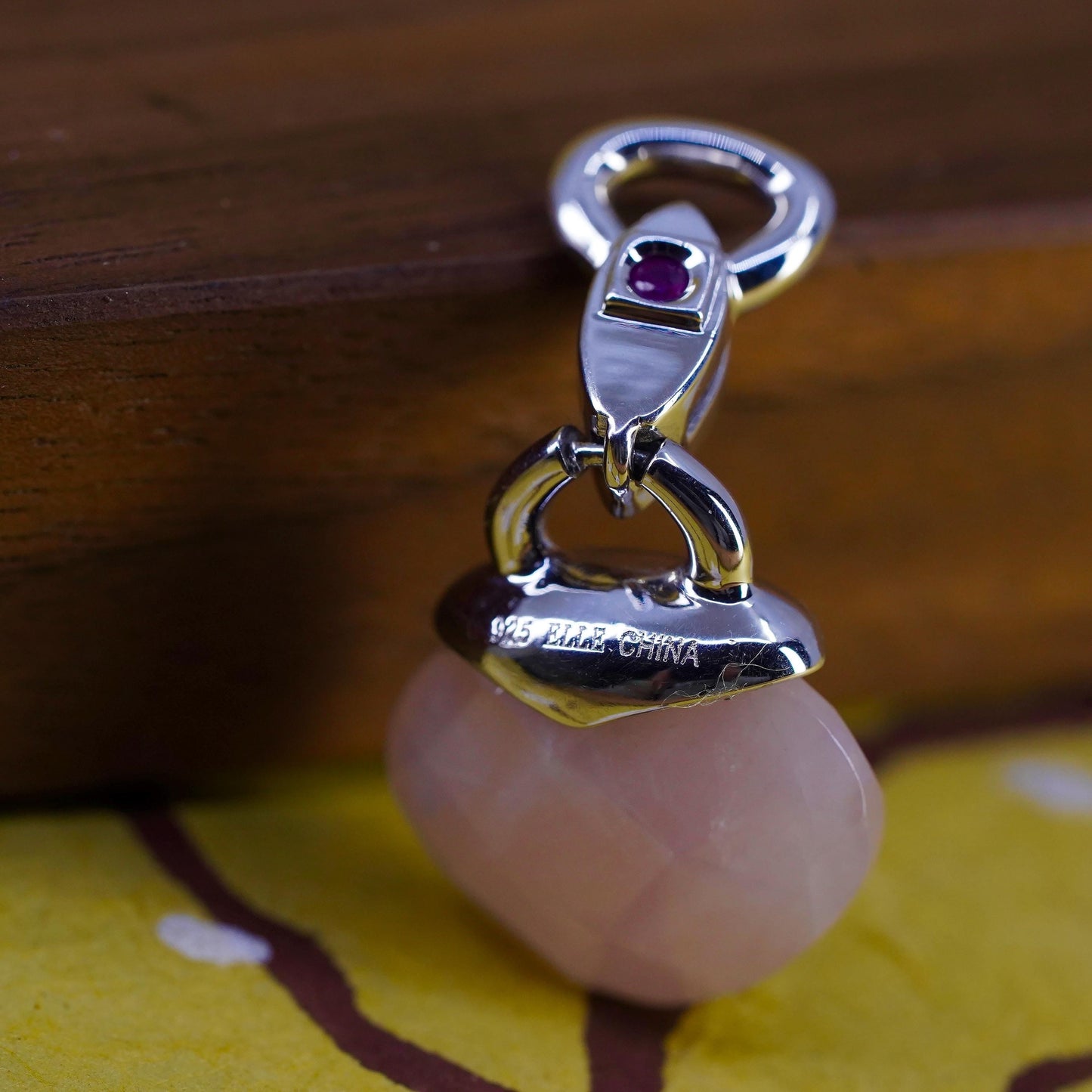 VTG Elle Sterling 925 silver handmade pendant w/ heart pink rose quartz ruby