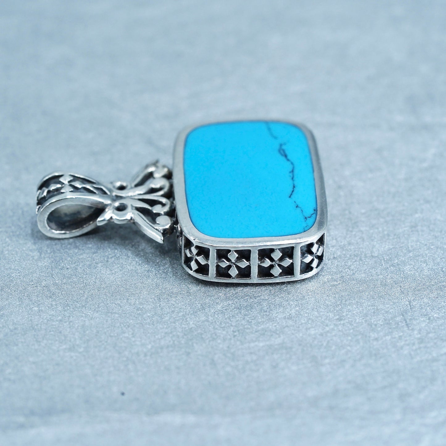 antique sterling 925 silver rectangular double sided pendant w/ turquoise inlay