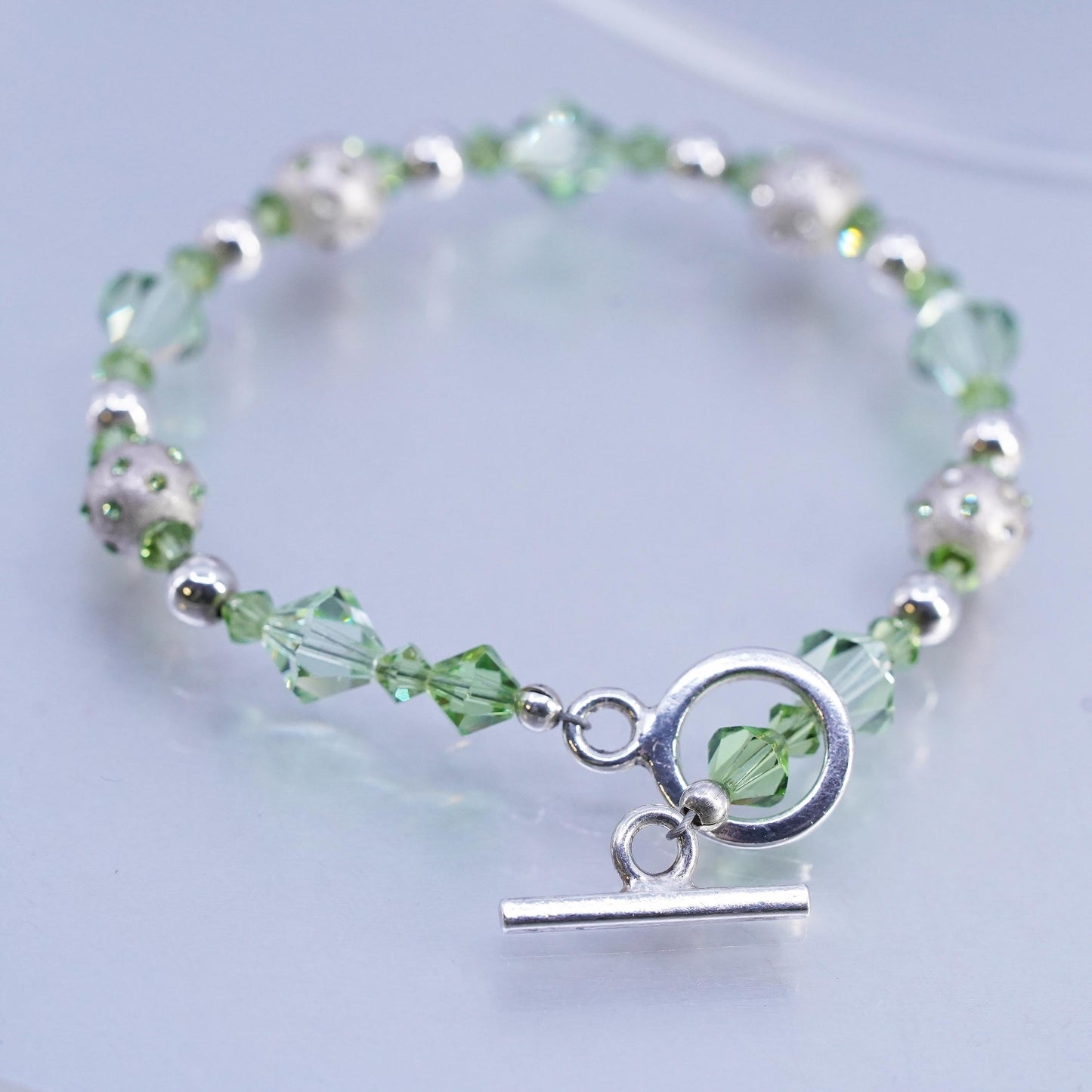 7", vintage Sterling 925 silver bracelet w/ green crystal beads toggle closure