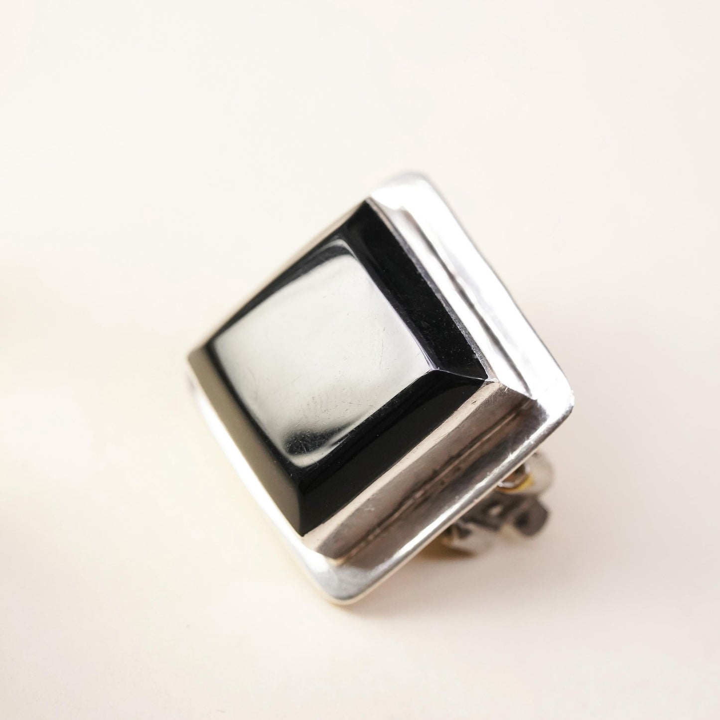 Vintage Mexican sterling silver single earring, 925 silver square clip on onyx