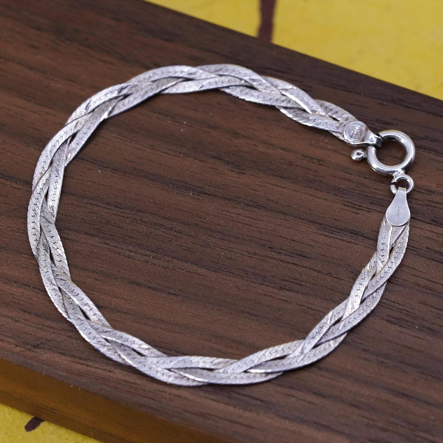 7", Vintage Sterling silver braided woven herringbone bracelet, Italy 925 chain