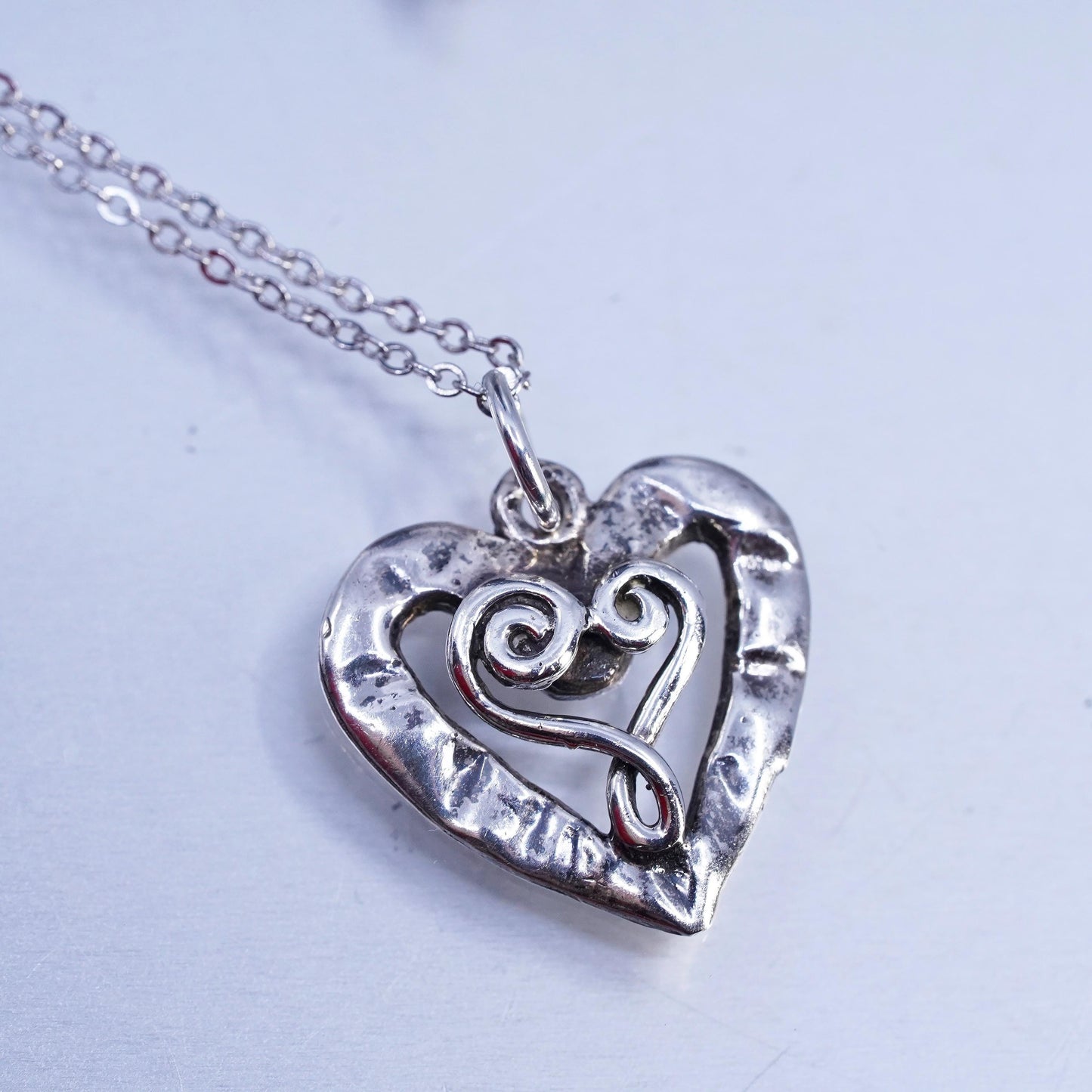 15", vintage Sterling 925 silver handmade circle necklace with heart pendant