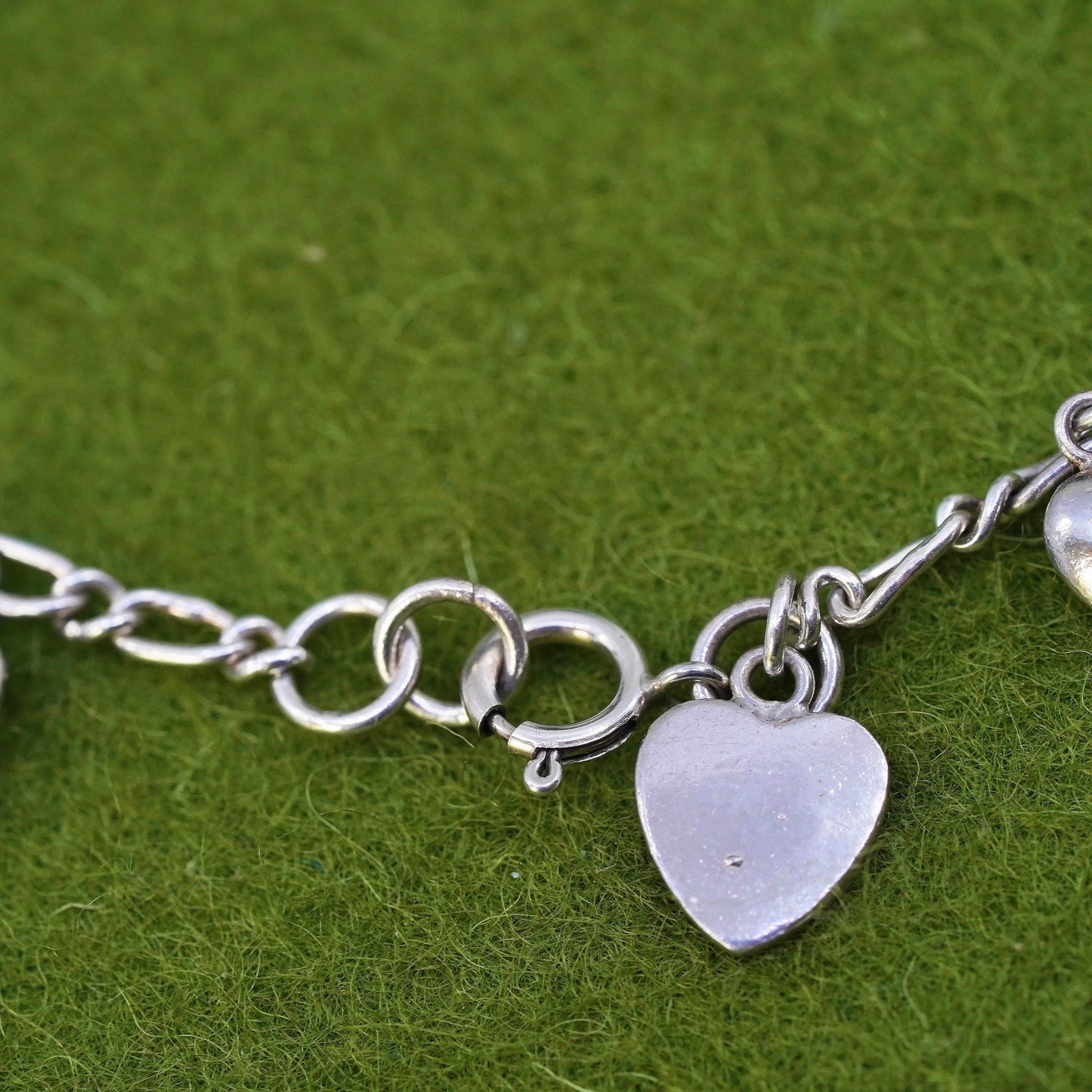 7", Vintage sterling 925 silver figaro bracelet with heart teddy bear charms