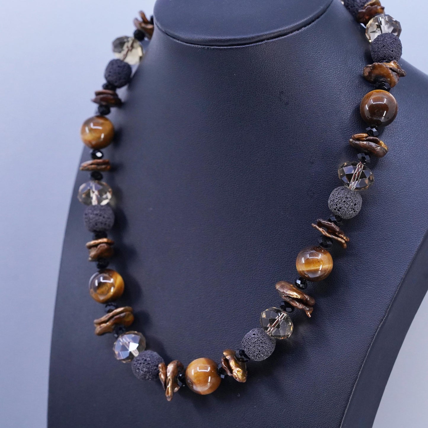18+1”, Tiger’s Eye, Baroque Pearl sterling silver 925 Necklace Lava Stone Beads