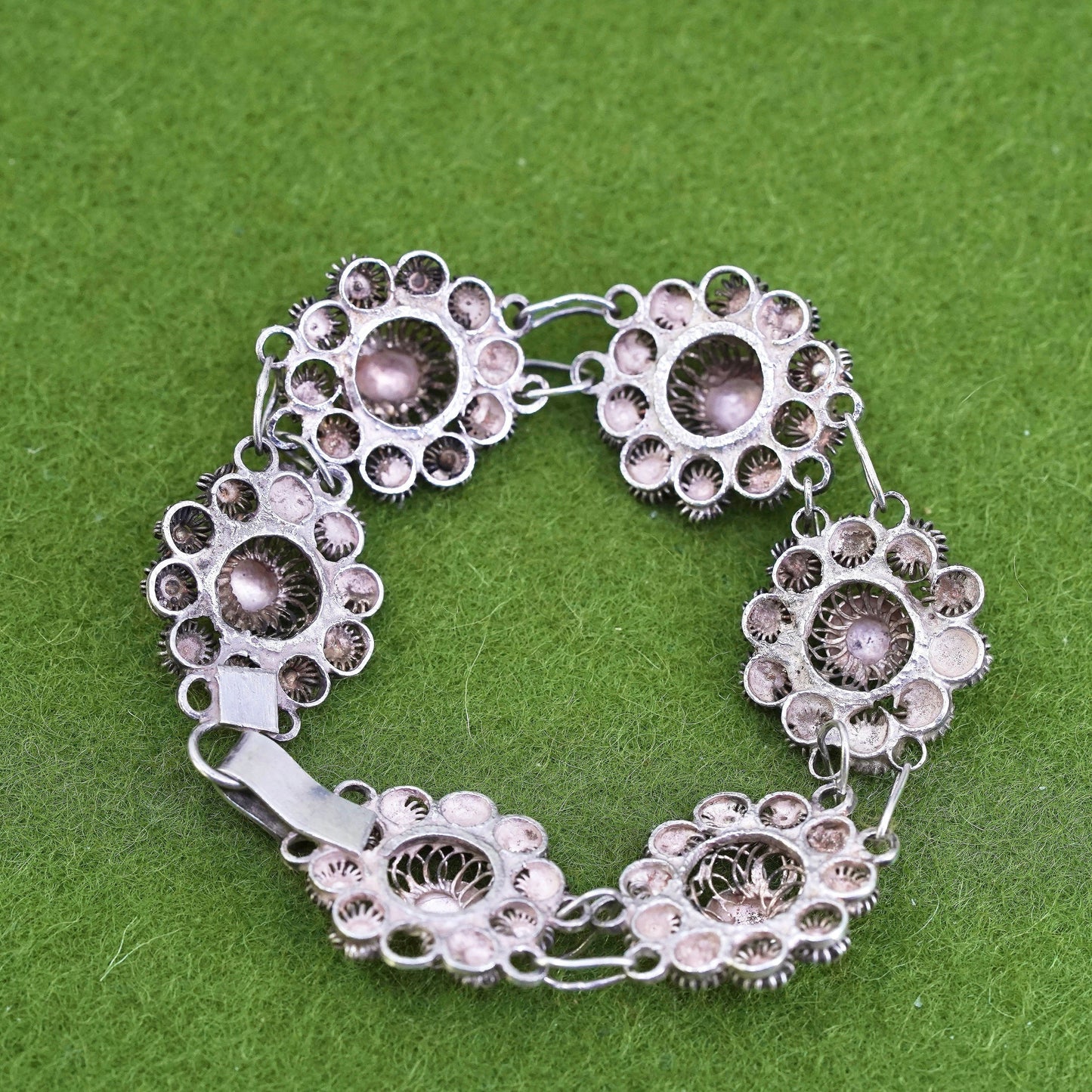 5.75", VTG sterling silver handmade bracelet, 800 filigree flower link chain