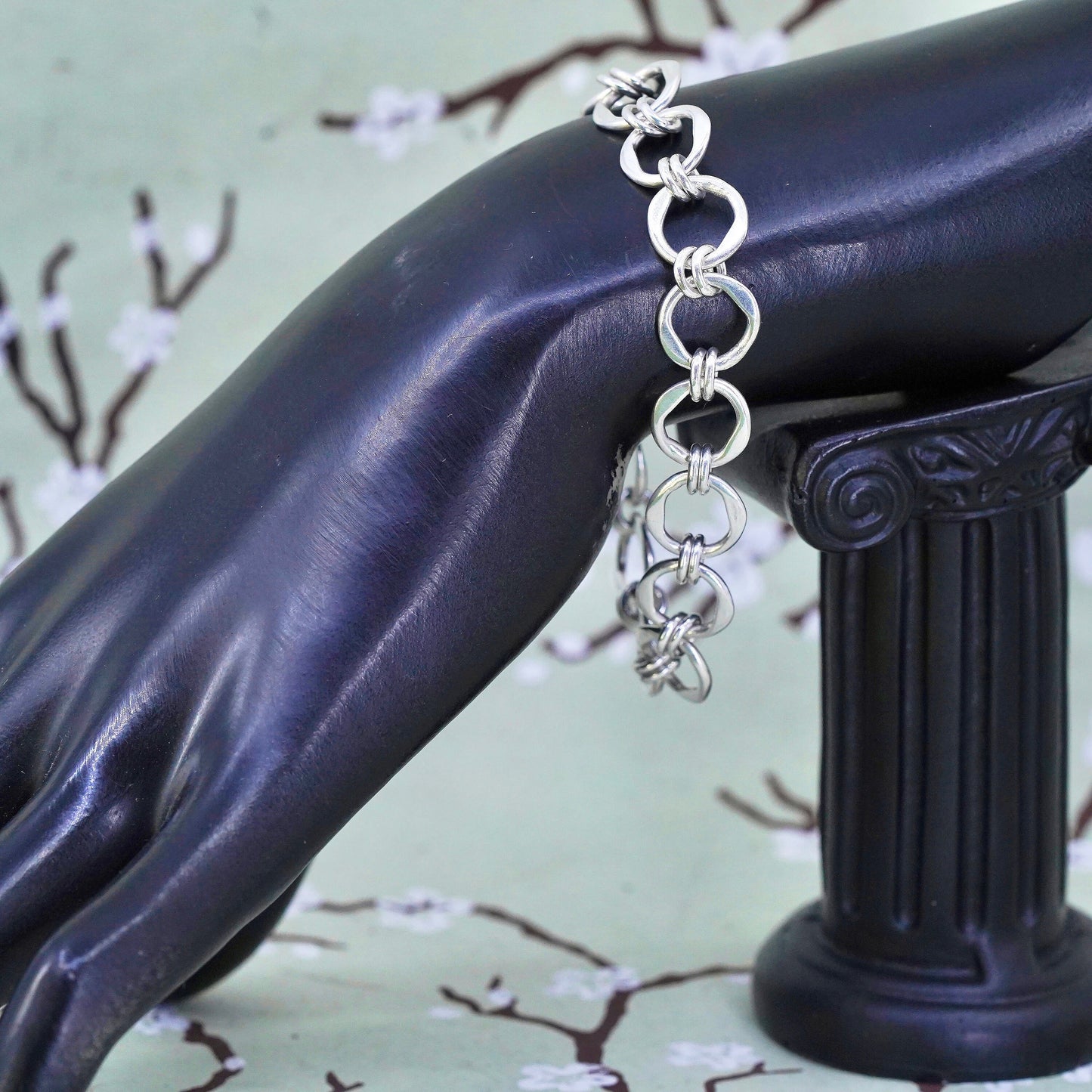 7", Vintage sterling silver charm bracelet, 925 bold circle link chain