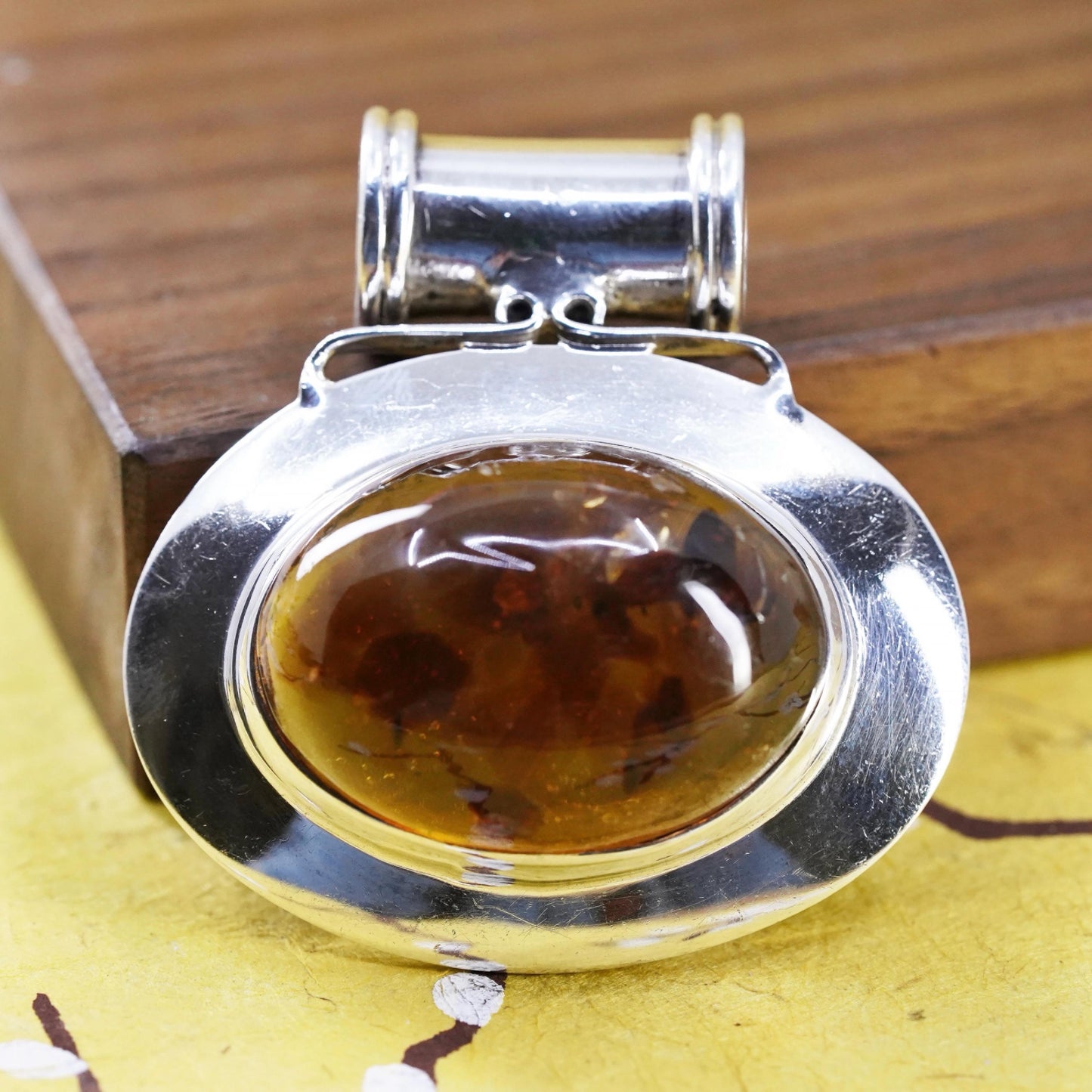 Vintage modern Sterling 925 silver handmade huge slide pendant amber pendant