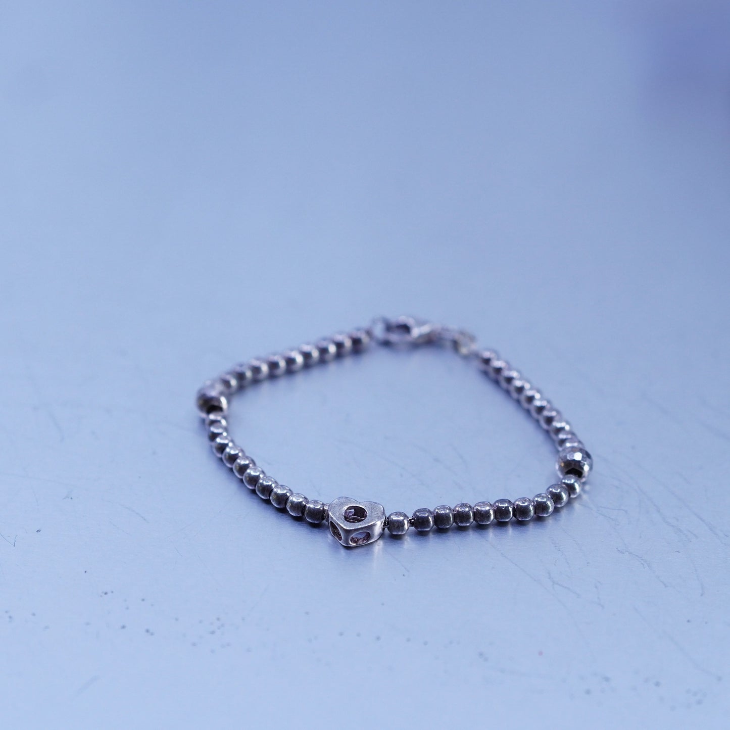 5.5”, Vintage Sterling 925 silver handmade bead bracelet chain with heart charm