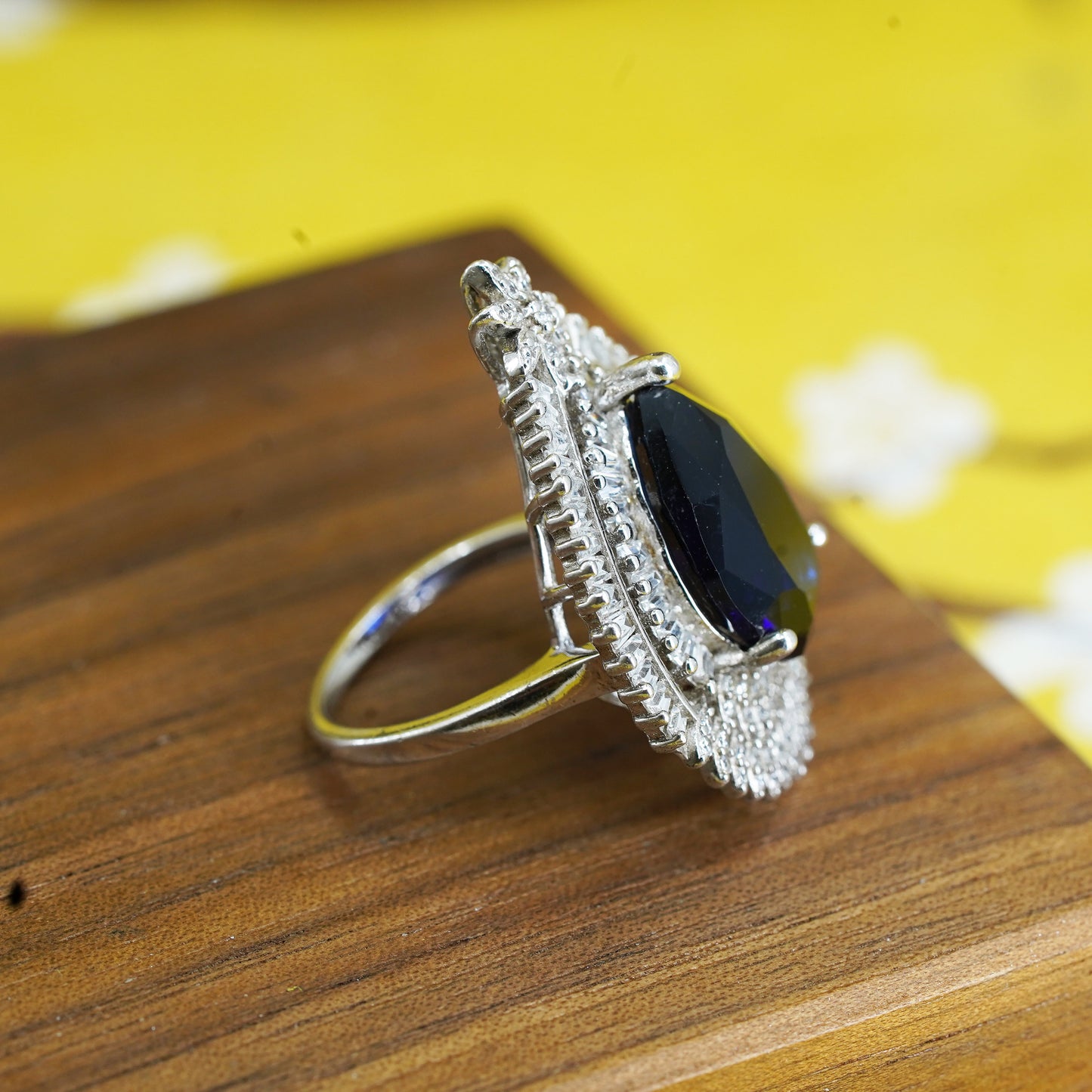 Size 6, Sterling silver handmade ring, 925 band with teardrop blue sapphire