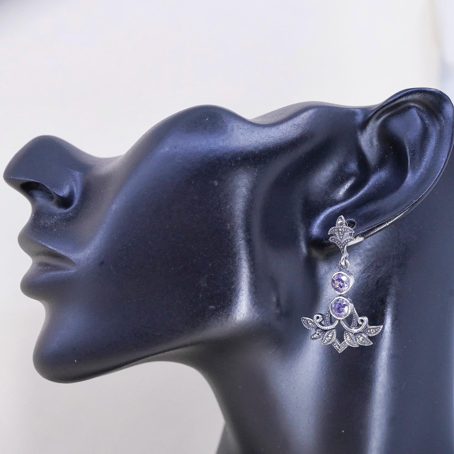 Art Deco 925 sterling silver earrings teardrop amethyst and cluster marcasite