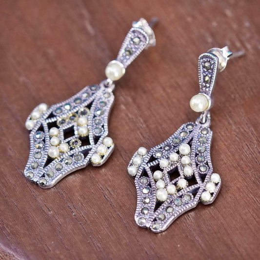 Vintage sterling 925 silver handmade earrings with pearl and marcasite