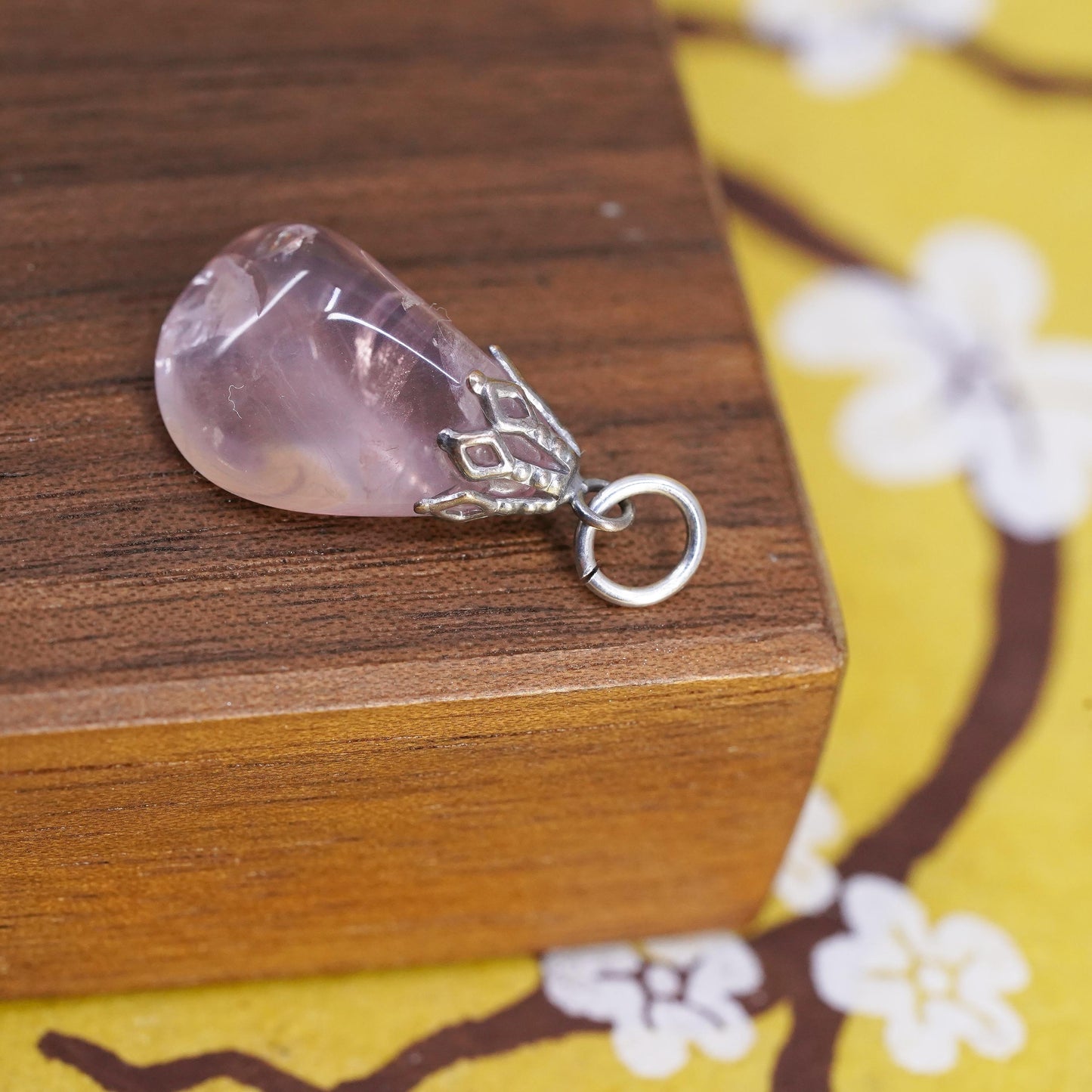 Vintage Sterling 925 silver handmade pendant with pink quartz nugget