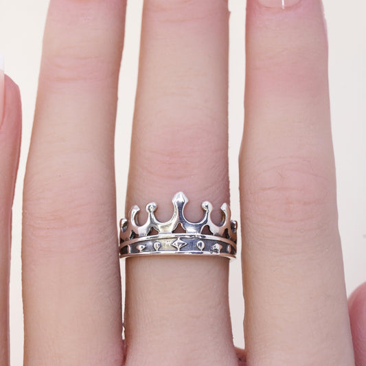 Size 6.75, Sterling Silver Royal Princess Tiara Band, Openwork Crown 925 Ring