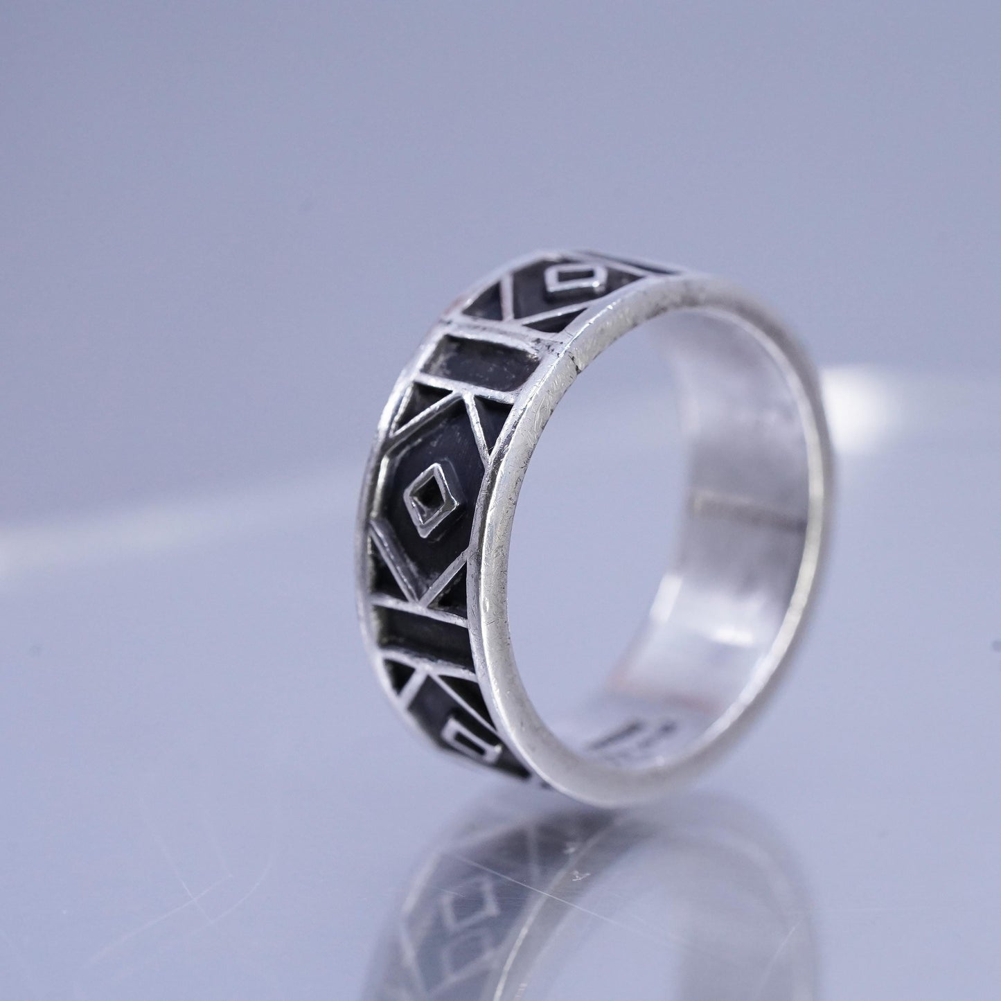 SZ 12.5, Vintage Mexican Oxidized Sterling Silver Geometric Band Ring Modernist