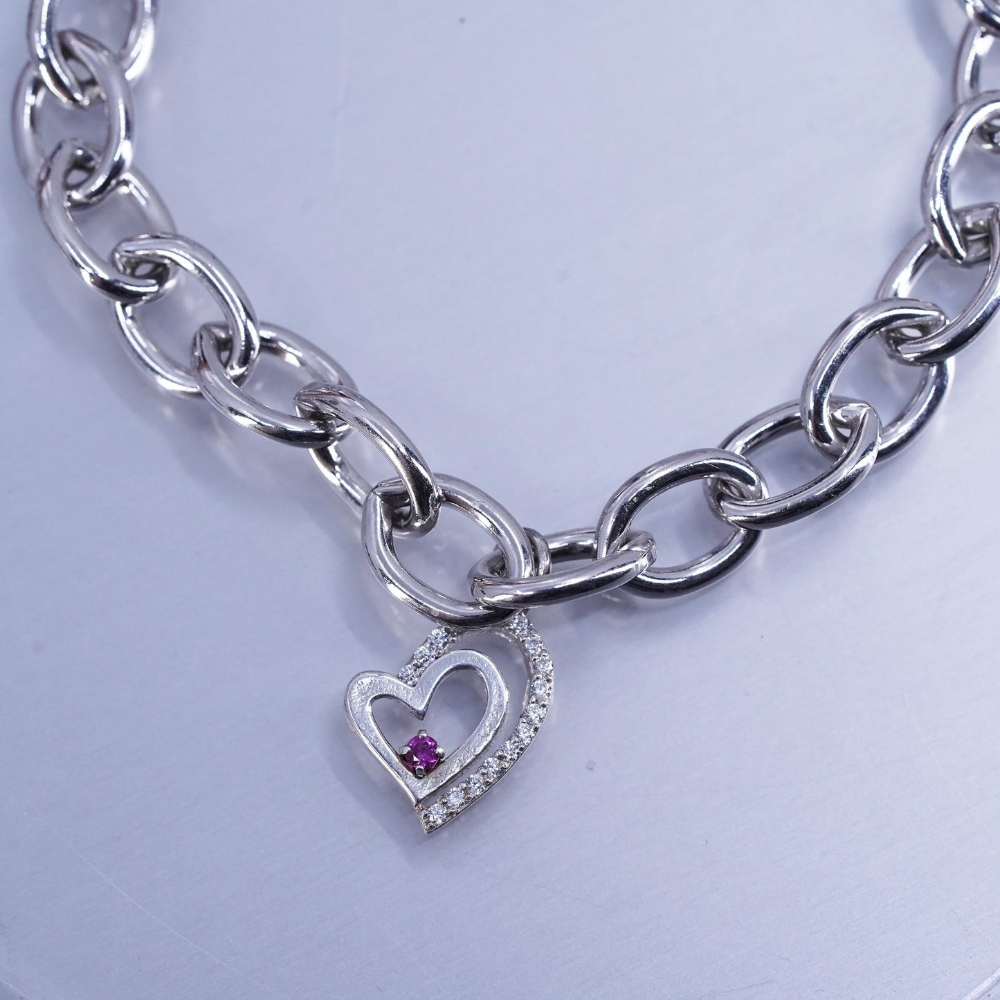 7.25”, Sterling silver bracelet, 925 bold oval chain with crystal heart charm