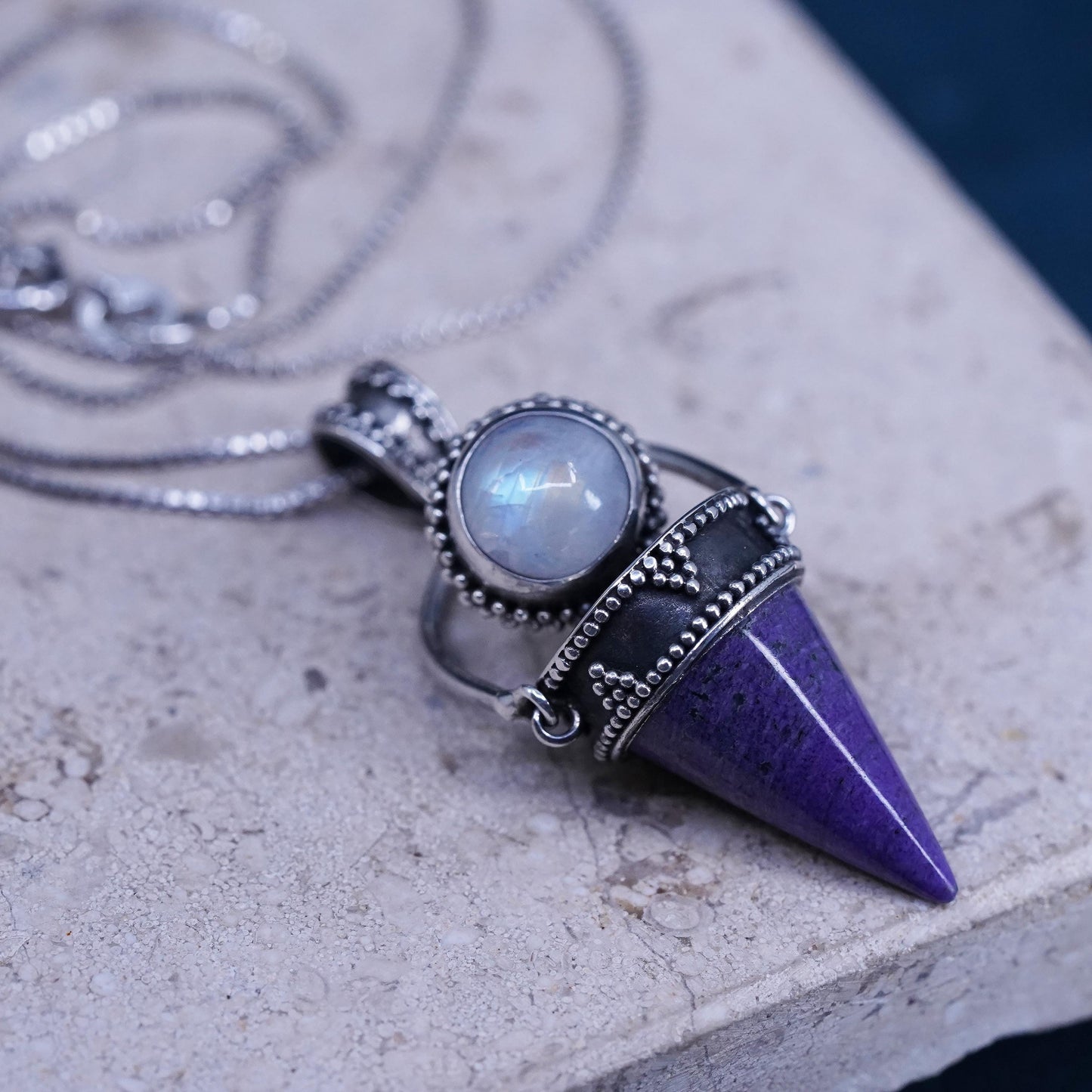 18”, sterling 925 silver necklace healing crystal pendant moonstone charoite