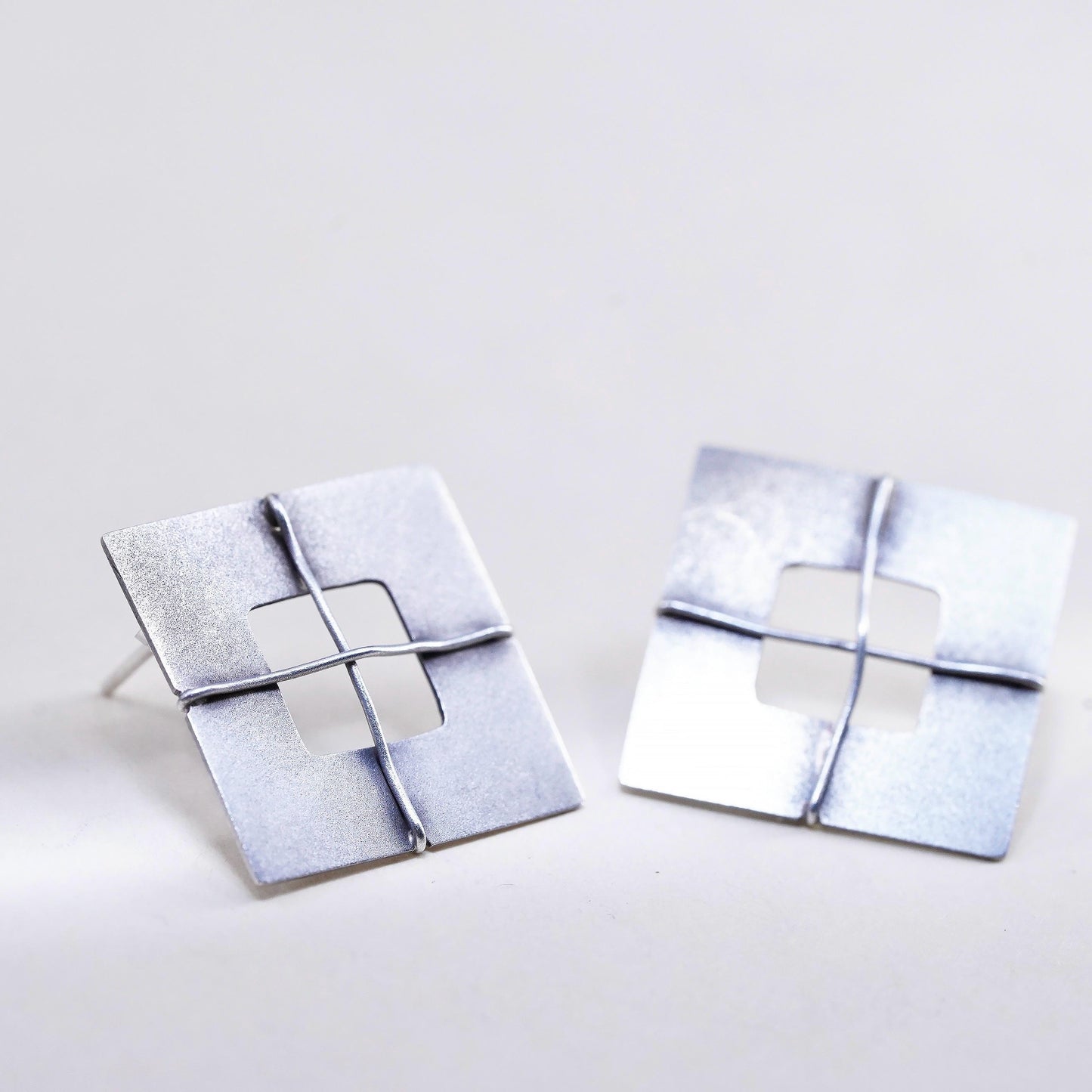 Vintage southwestern matte sterling silver studs, 925 square wired earrings