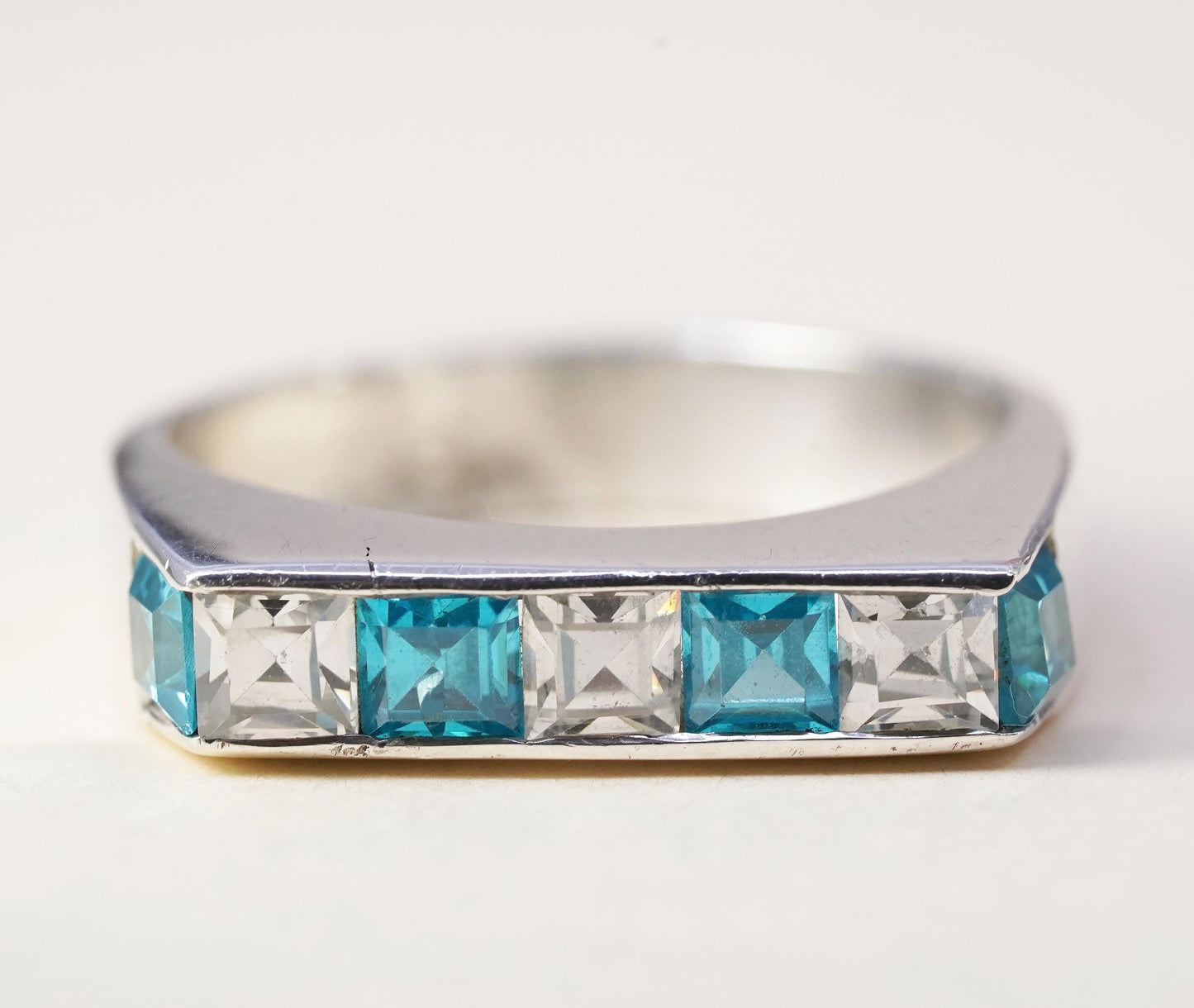 Size 7.5, vintage sterling 925 silver ring cluster square CZ, stackable band