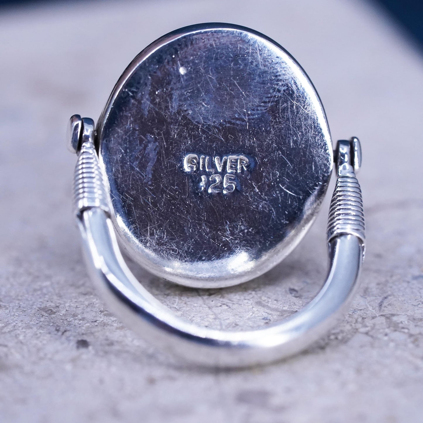 Size 7.25, Sterling Silver Shiva eye Ring, 925 spinner ring with fossil shell