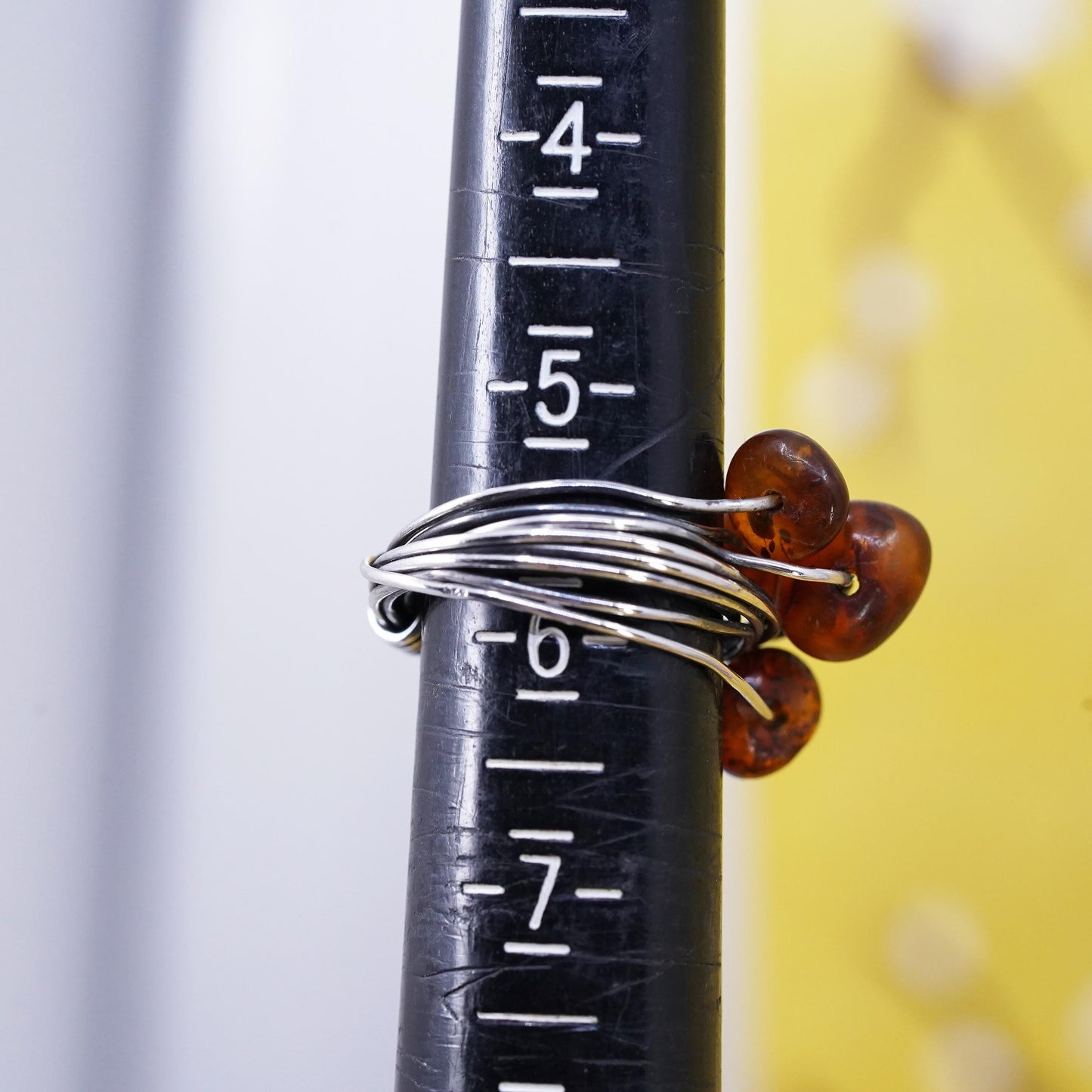 Size 5.75, vintage Sterling 925 silver handmade wired ring with amber beads