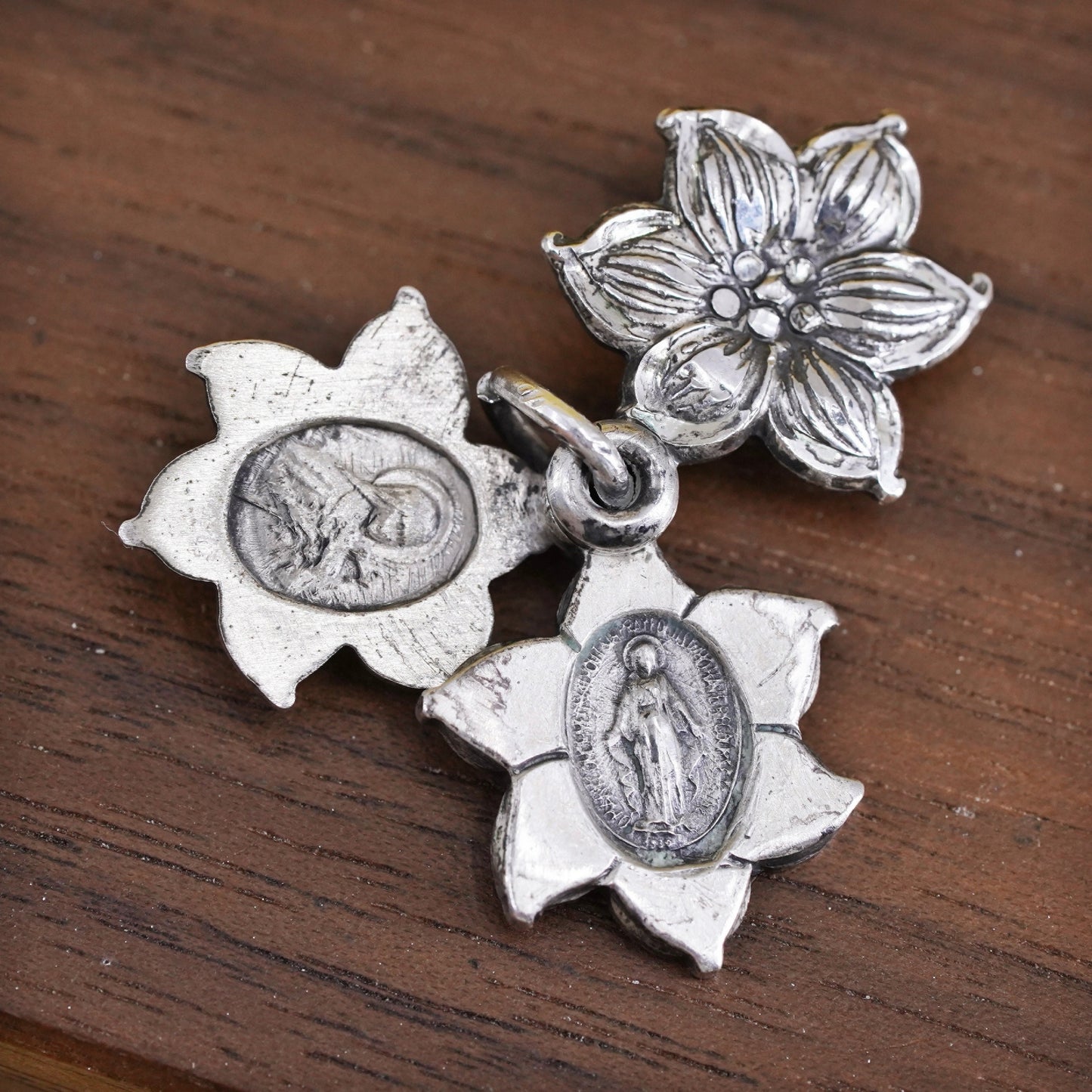 Vintage Sterling silver pendant, 925 flower charm with Jesus and Virgin Mary