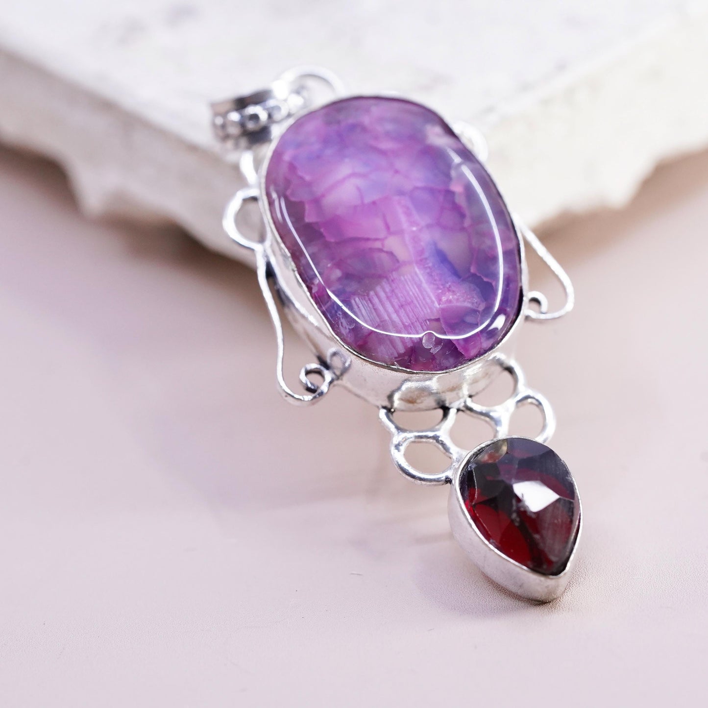 Vintage Sterling 925 silver handmade pendant with purple agate teardrop garnet