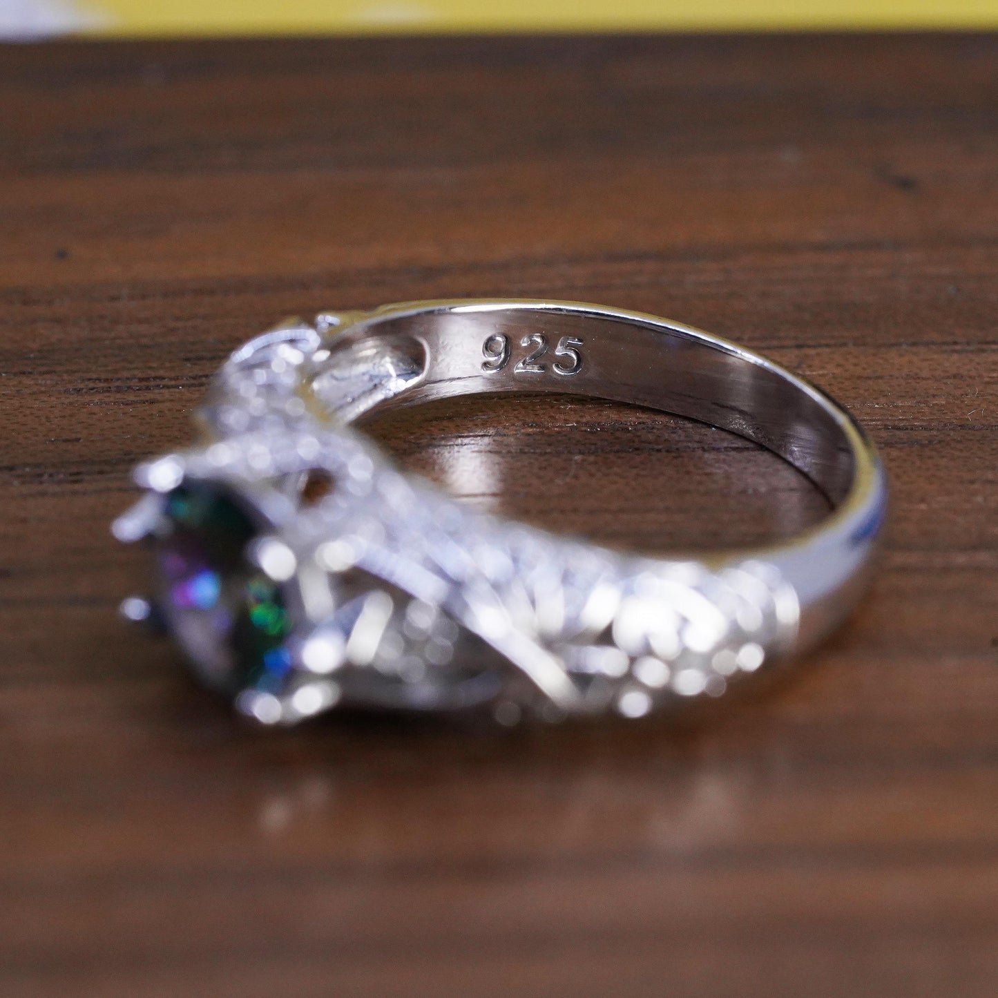 Size 8.25, vintage Sterling 925 silver ring with teardrop rainbow topaz cz