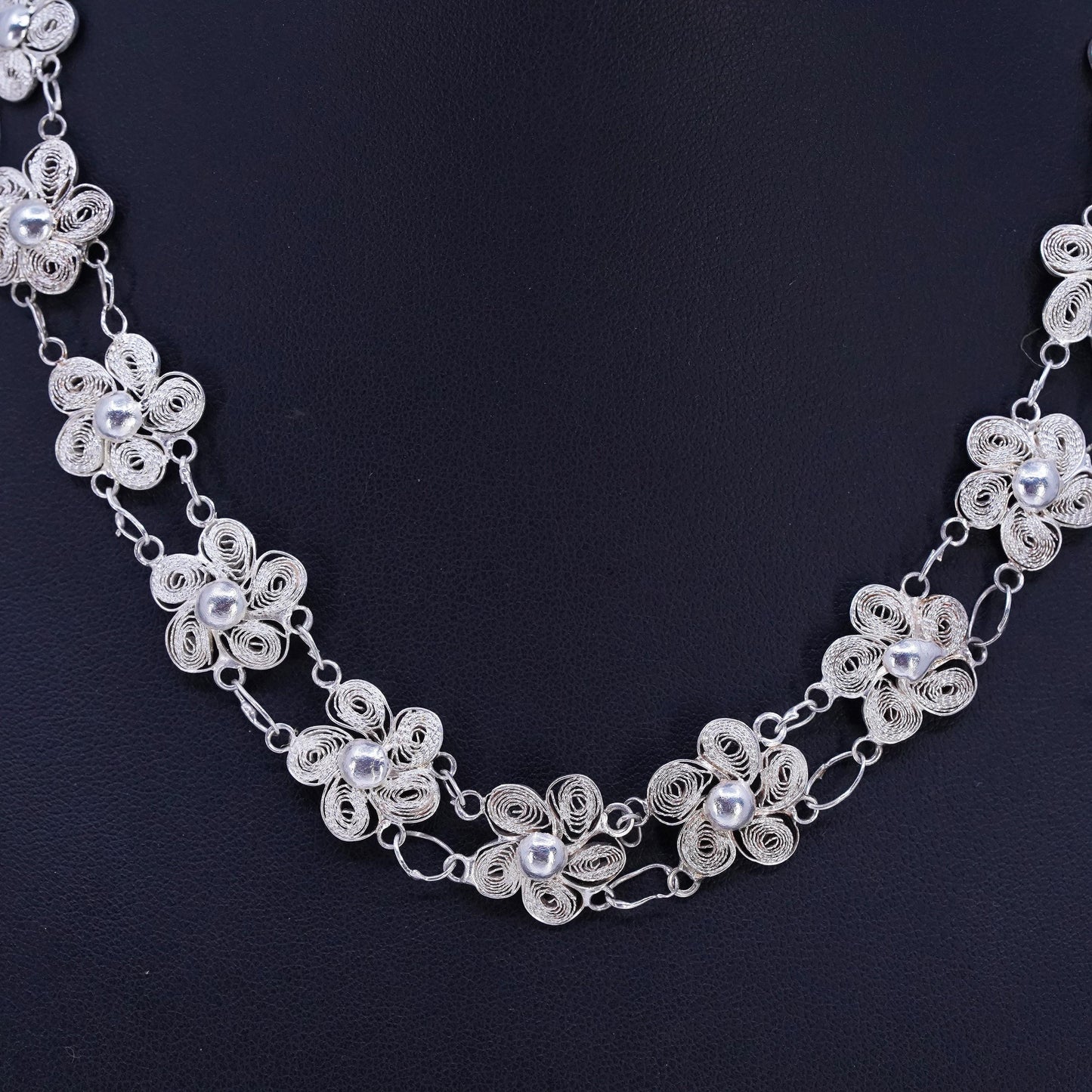 16", Vintage Sterling 925 Silver handmade Necklace Filigree Floral link chain