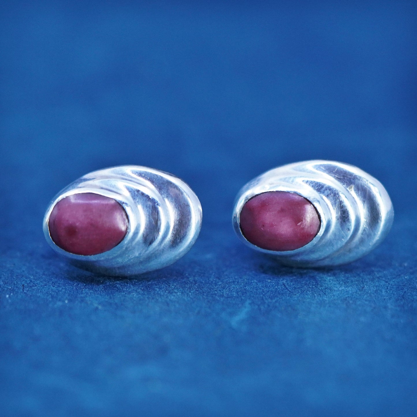 Southwestern Sterling silver earrings, 925 oval studs with coral inlay