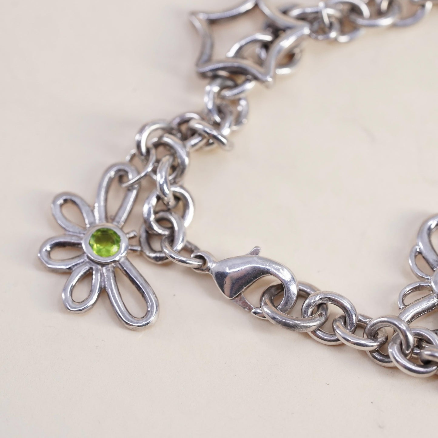 6.75”, Vintage sterling 925 silver circle bracelet with flower moon star charms