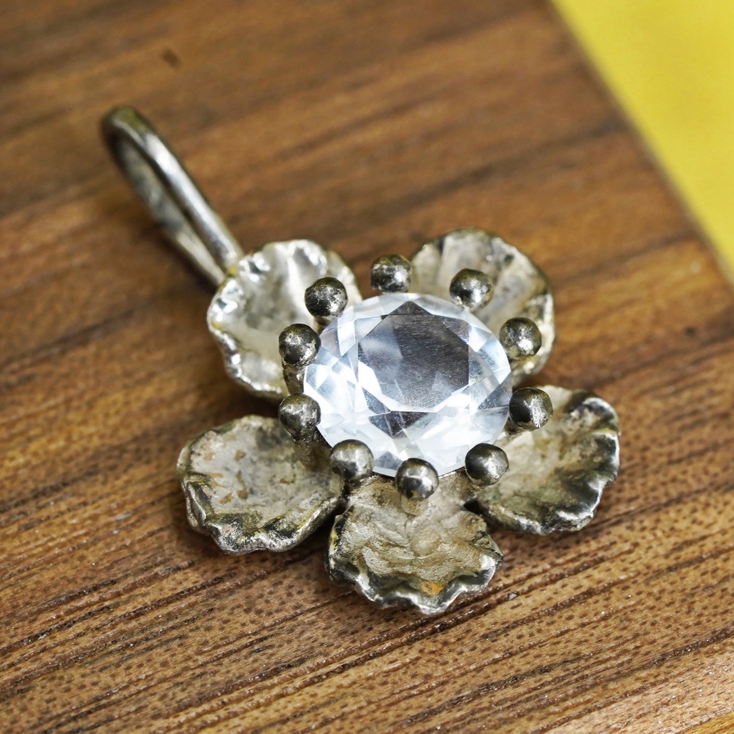 Vintage Sterling silver handmade plumeria flower pendant, 925 charm with Cz