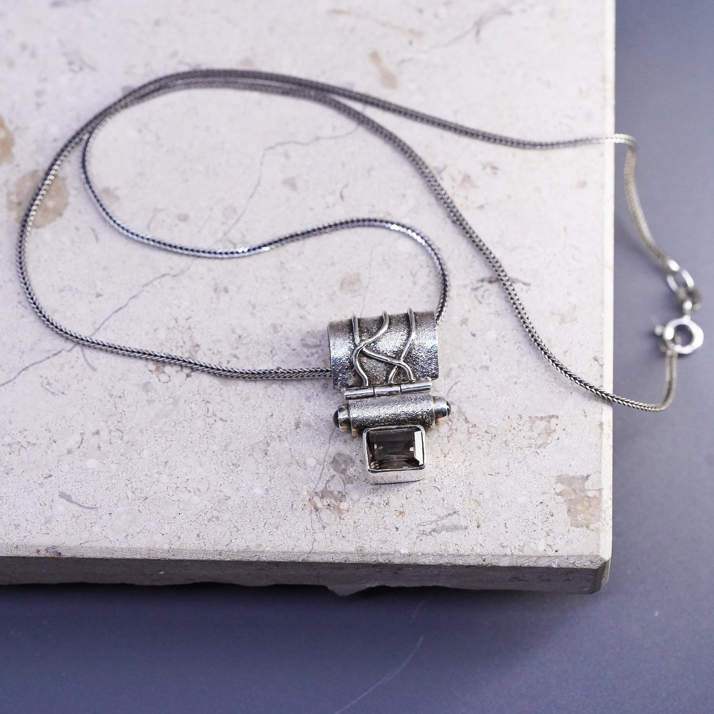 17", Sterling Silver Smoky Quartz Pendant Necklace Modernist Artisan 925 Silver