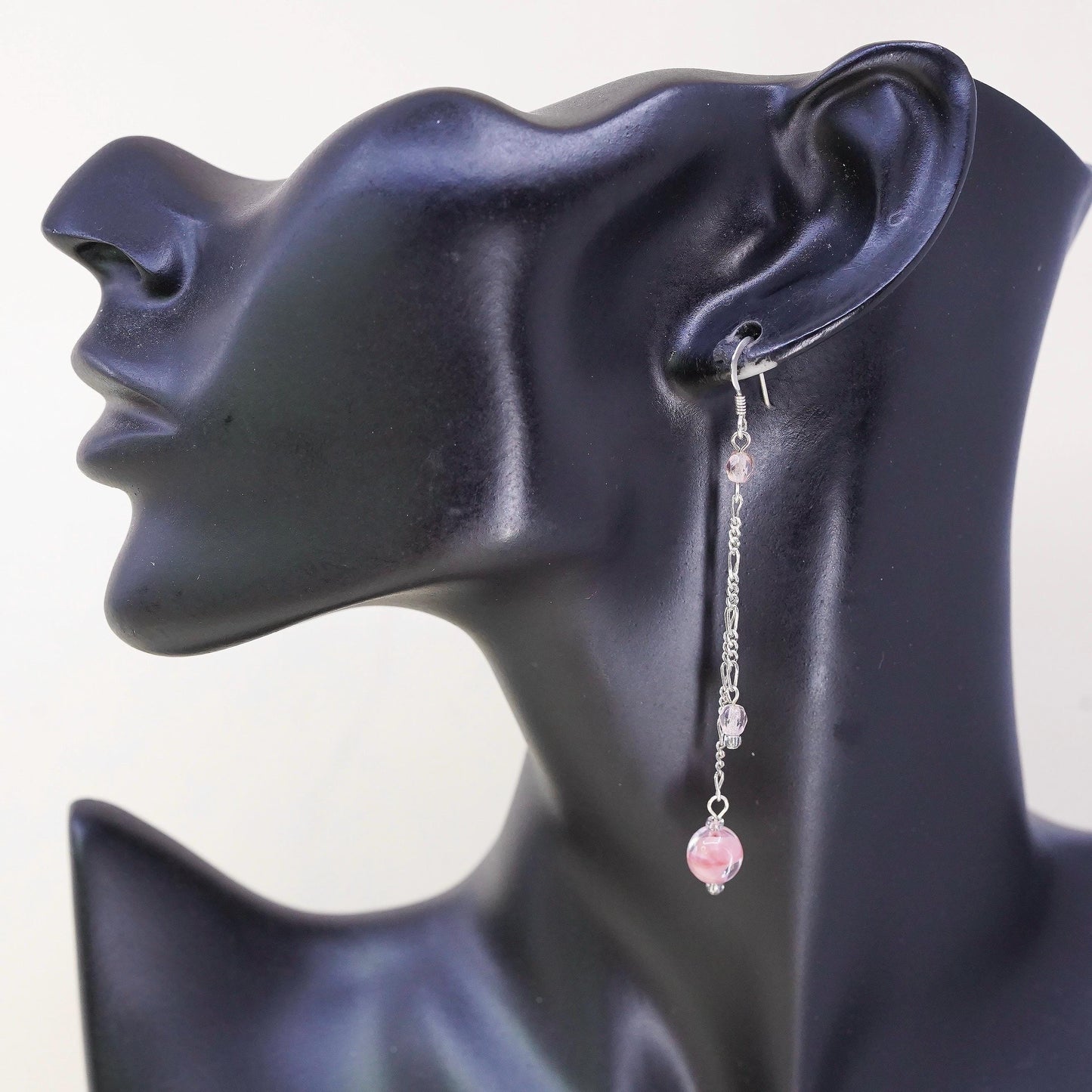 Vintage Sterling silver earrings, 925 figaro chain pink artisan glass drops