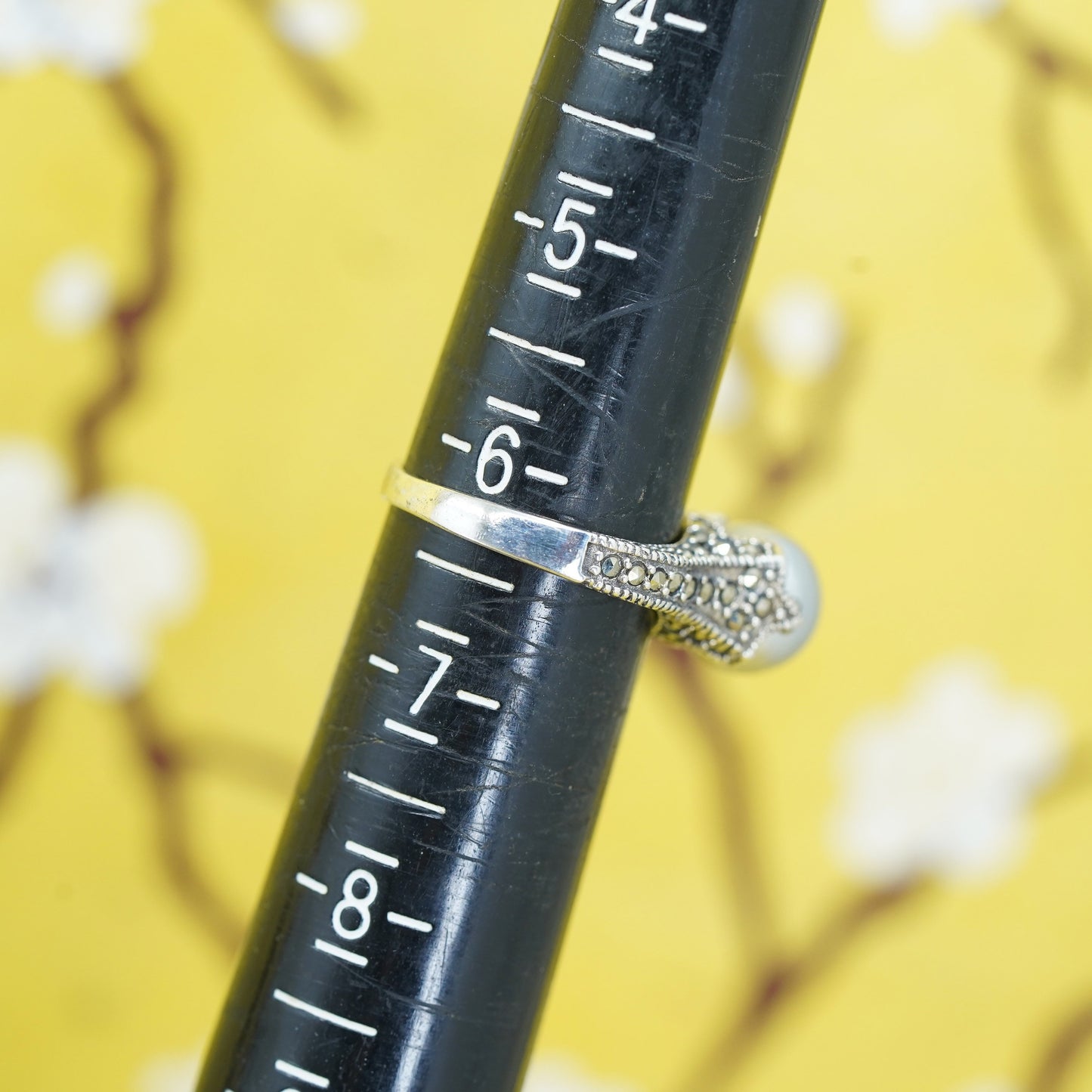 size 6.25, Sterling 925 silver handmade ring with marcasite and gray pearl