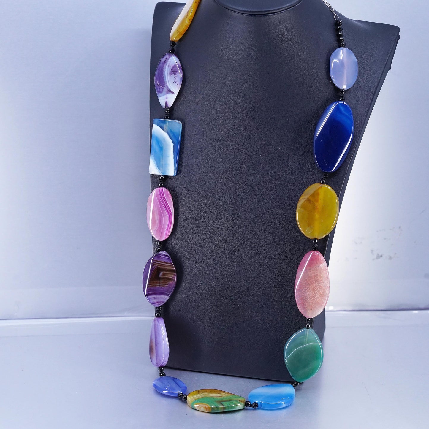 30+2” VTG Sterling 925 Silver Handmade extra long multi color agate necklace