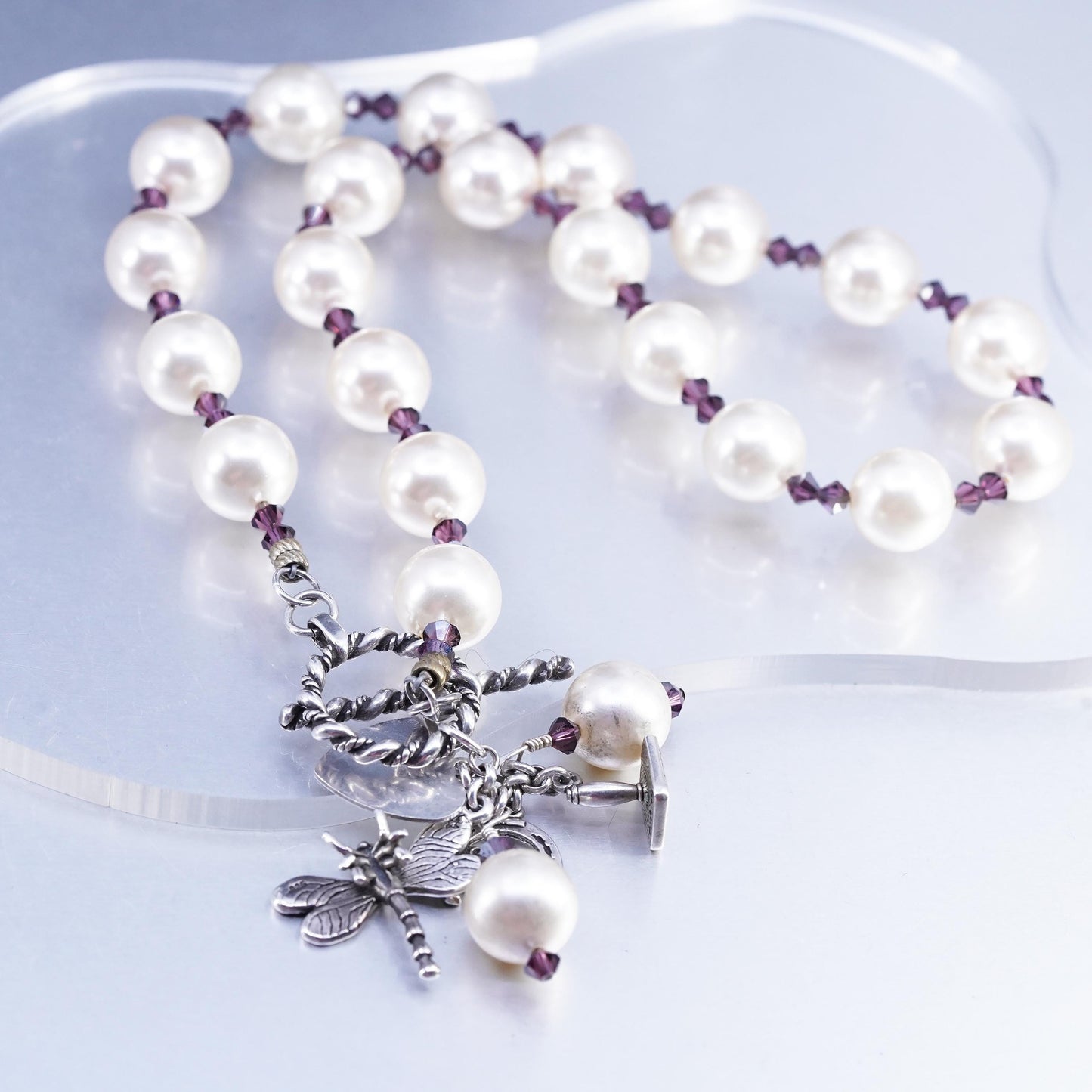 18", Sterling 925 silver necklace faux pearl beads, dragonfly horseshoe charms