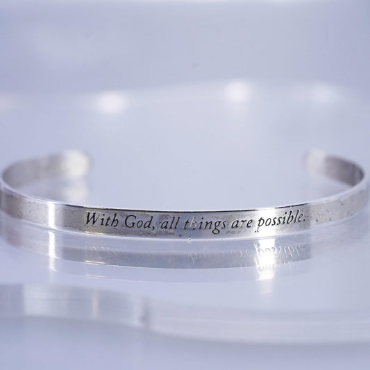 6.5", Sterling 925 silver bracelet, quote cuff god, all things are possible