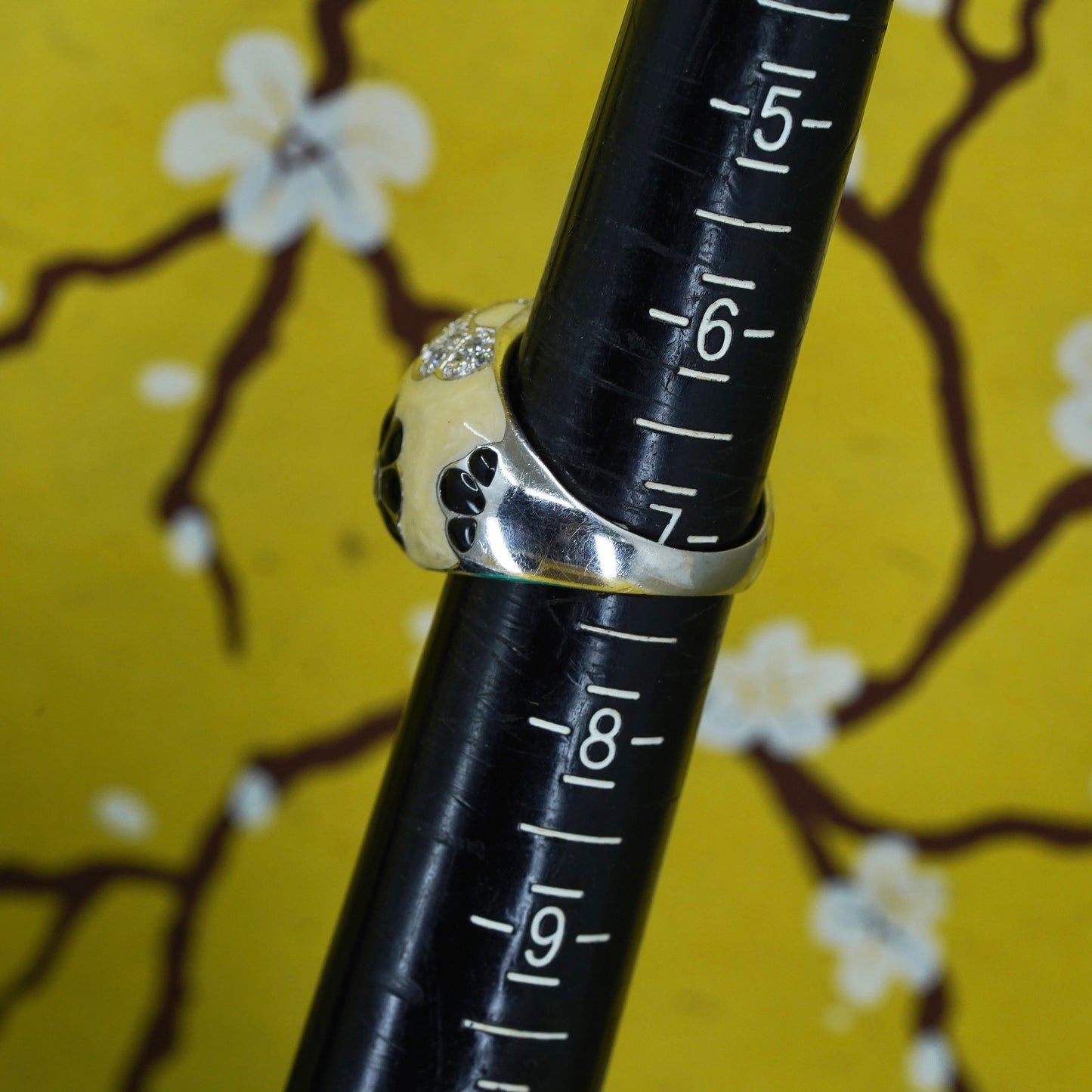 Size 7, vintage Sterling silver handmade ring, cz flower 925 with creamy enamel