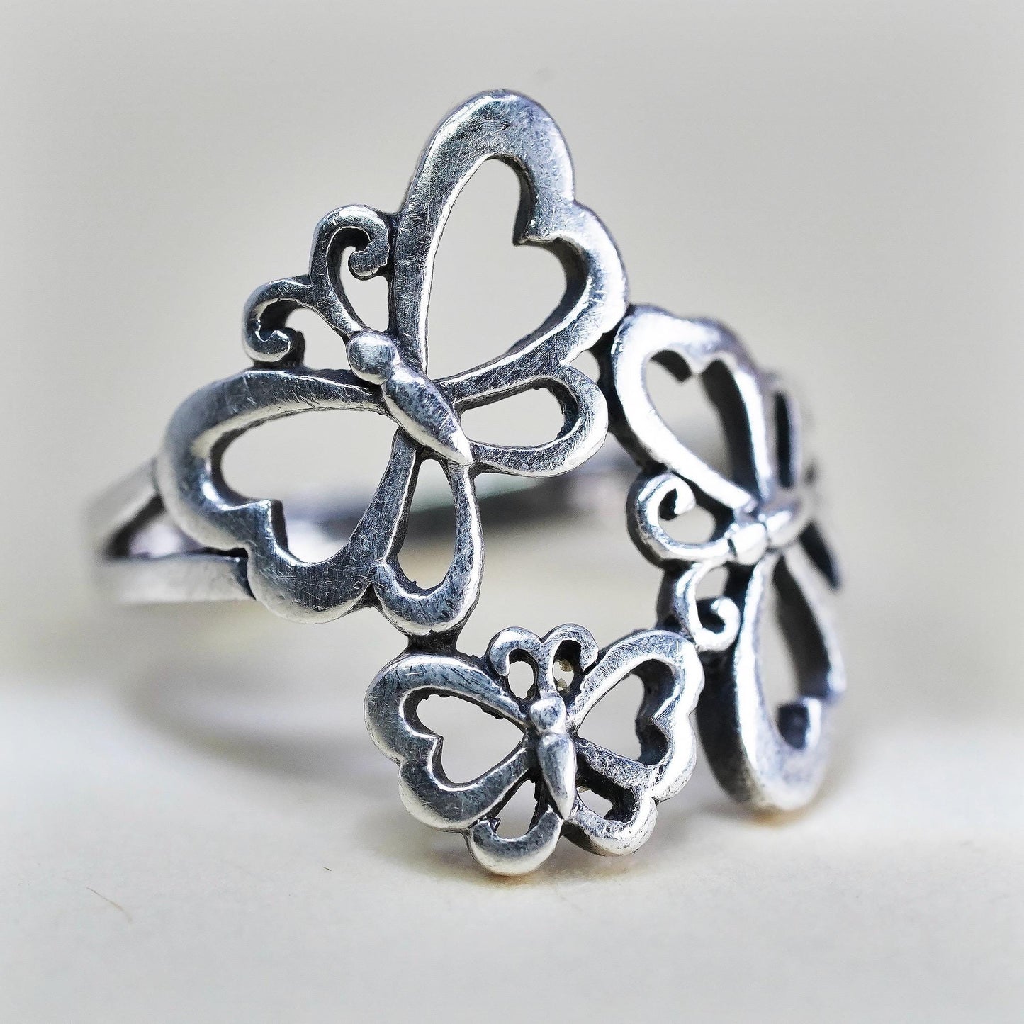 Size 5, vintage Sterling silver handmade ring, 925 filigree butterfly band