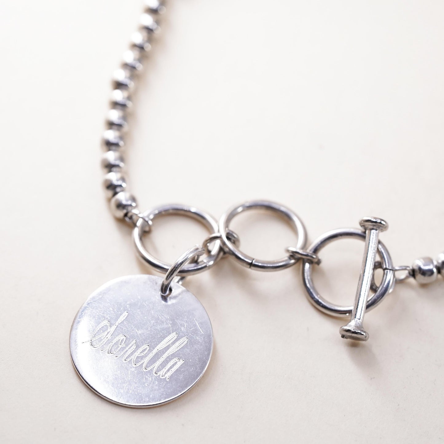 7.25+1”, Vintage Sterling silver bracelet, 925 bead chain name tag “Dovella”